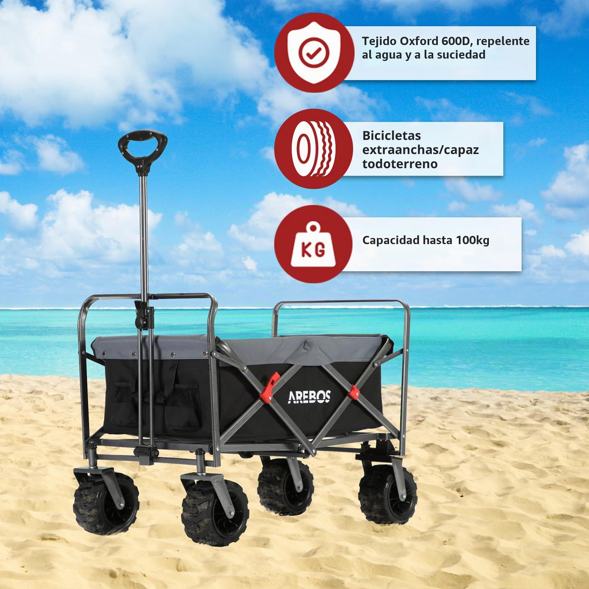 Arebos - Carro Playa | Carrito Plegable Transporte para Jardín | Carrito Plegable para aparatos | MAX 100kg | Negro