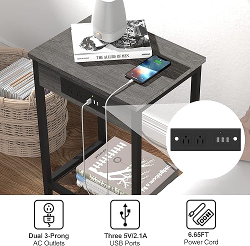 Miniatura 31 de CADUKE Juego de 2 mesitas de noche, mesita de noche con estación de carga para dormitorio, mesa auxiliar industrial con puertos USB y tomas de café