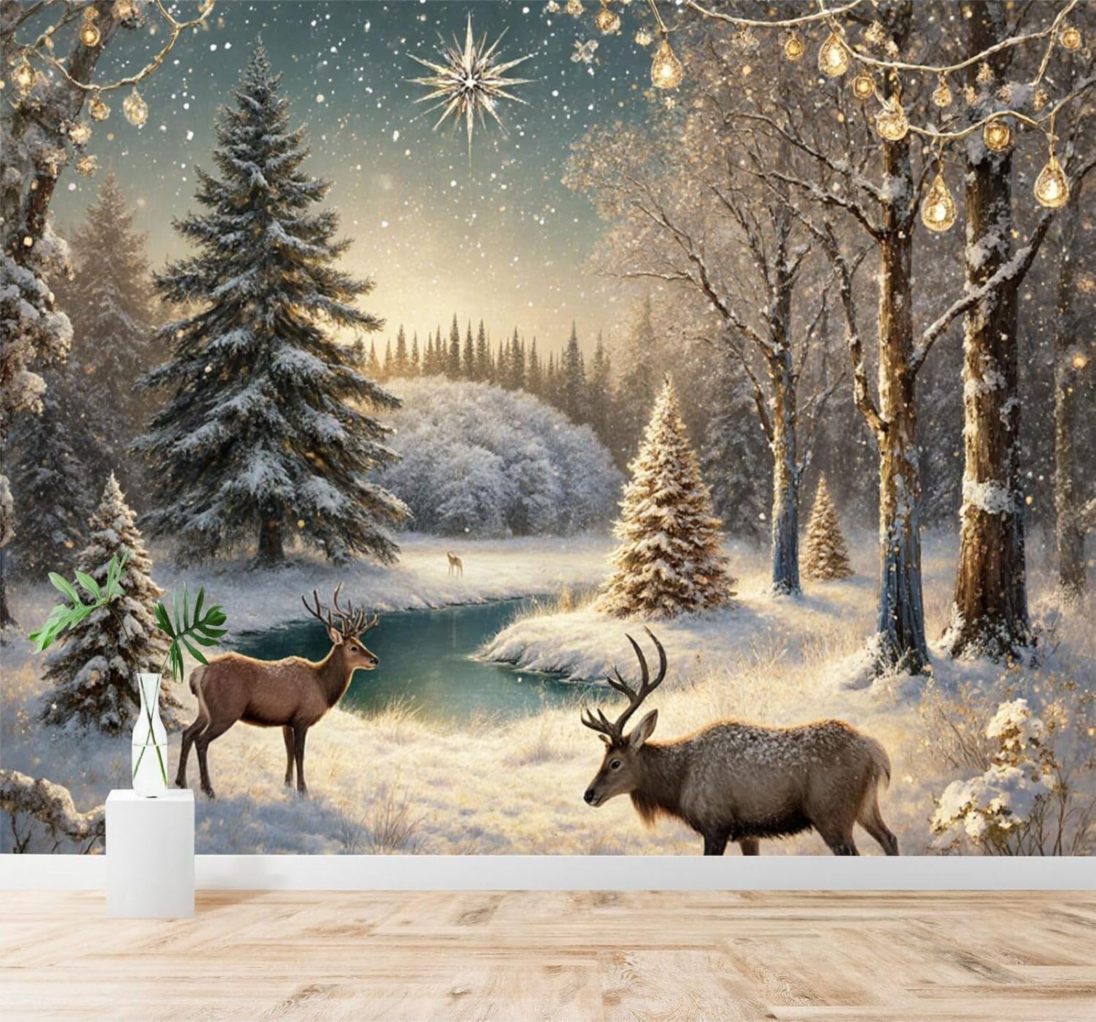 XLMING Winter Forest Deer Starry Sky River Snowy Landscape 3D Wallpaper Silky Texture Home Study Office Grey Dining Room Sofa Bedroom Living Room TV Backdrop-400cm×280cm