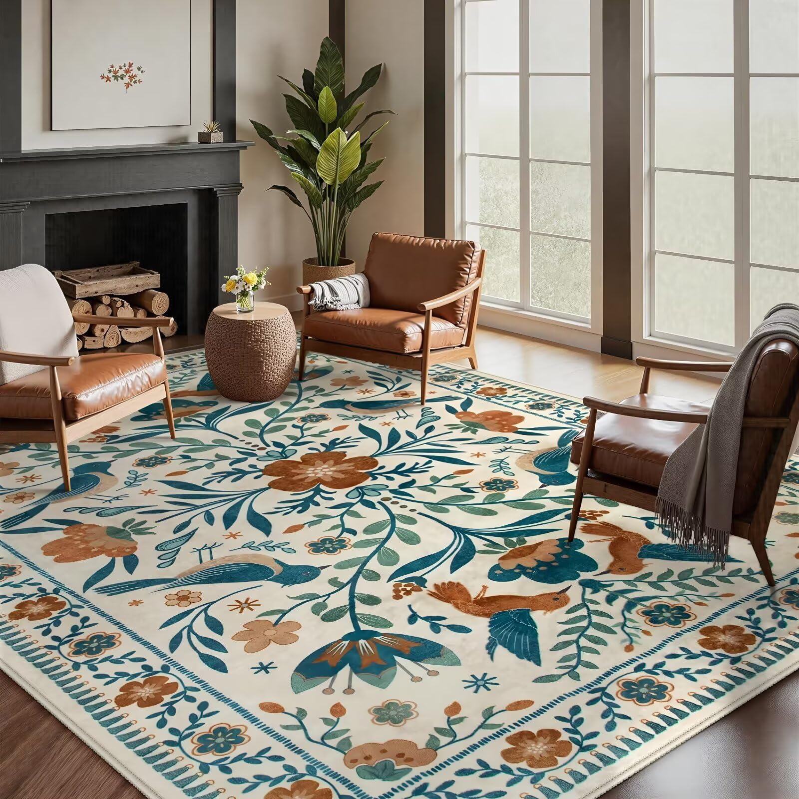Alfombras salon pelo corto de facil limpieza con diseño vegetal azul