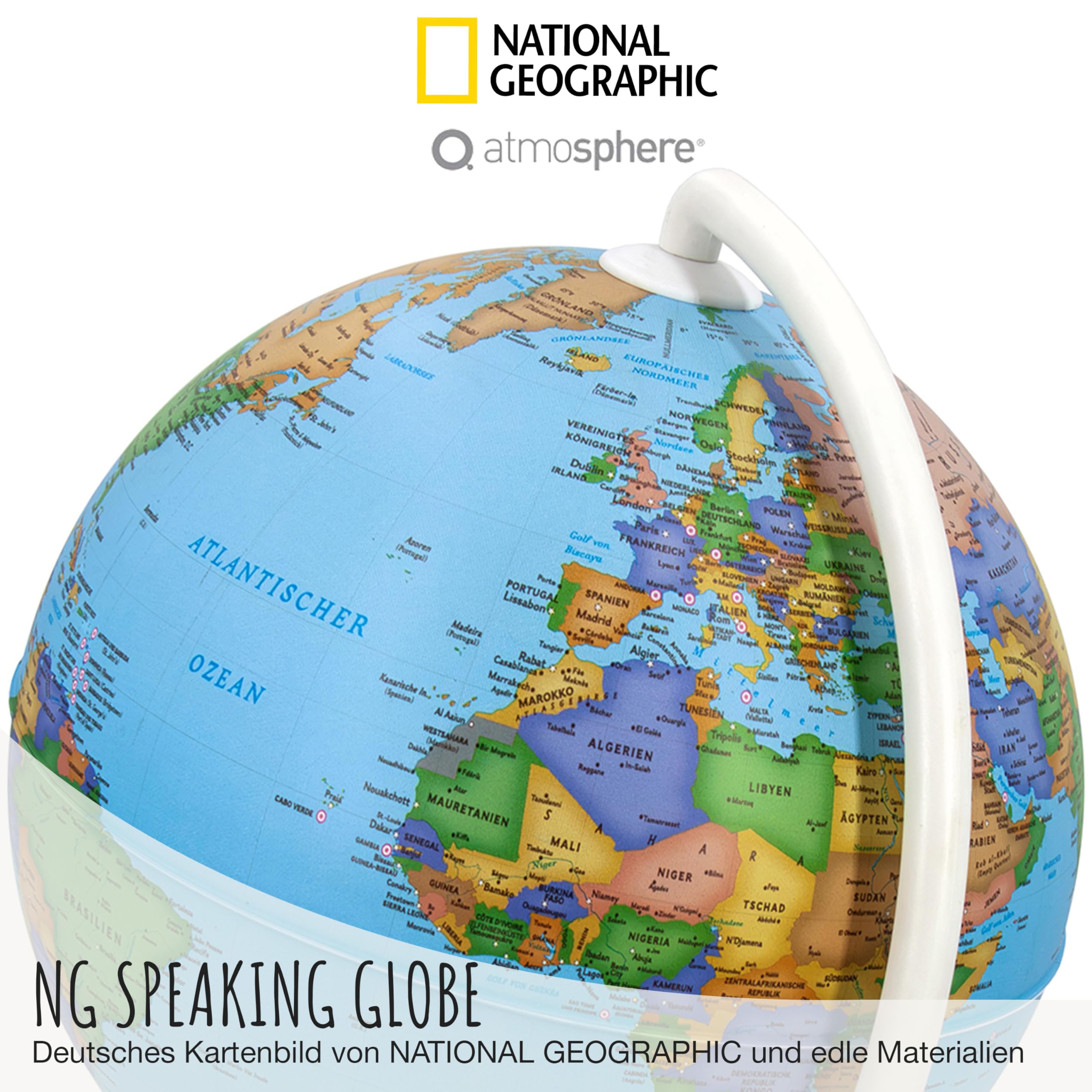 National Geographic Speaking Globe - Globo terráqueo luminoso interactivo de 25 cm con lápiz de audio para información y juegos, globo luminoso con cartografía política alemana