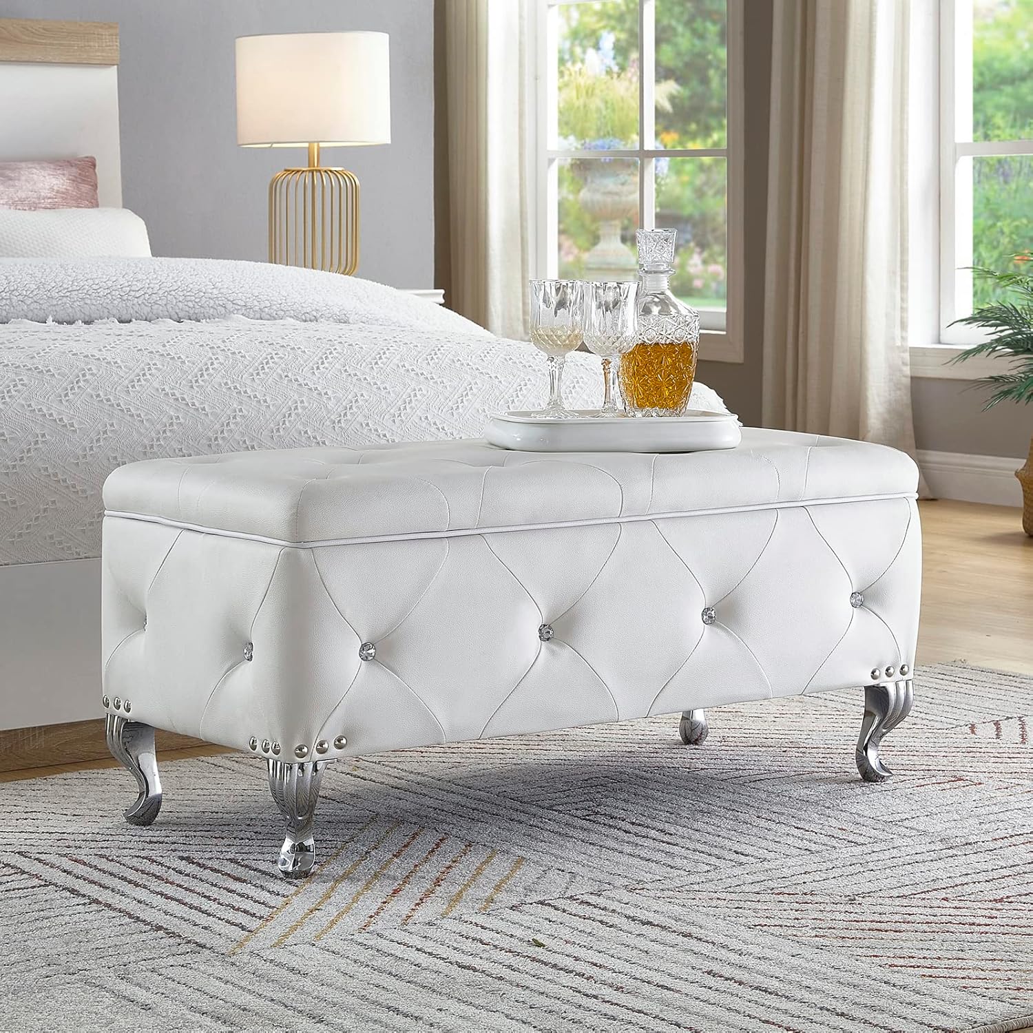 DRM'SCUUM Faux Leather Large Storage Ottoman Bench Set Foot Rest Stools for Living Room Bedroom with 2pcs Ottomans Upholstered, White