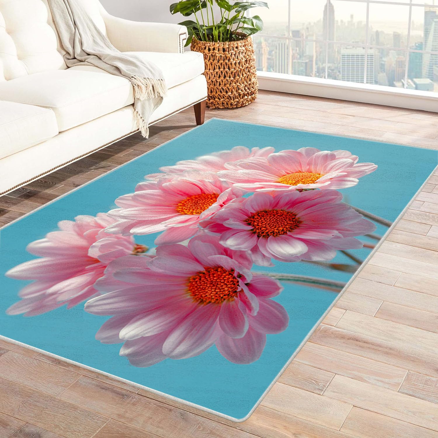 Tapis de Salon Imprimé Coloré Marguerites en Poudre Tapis de Salon, Chambre Adulte Salle à Manger Bureau(Rose pâle)-90x120cm