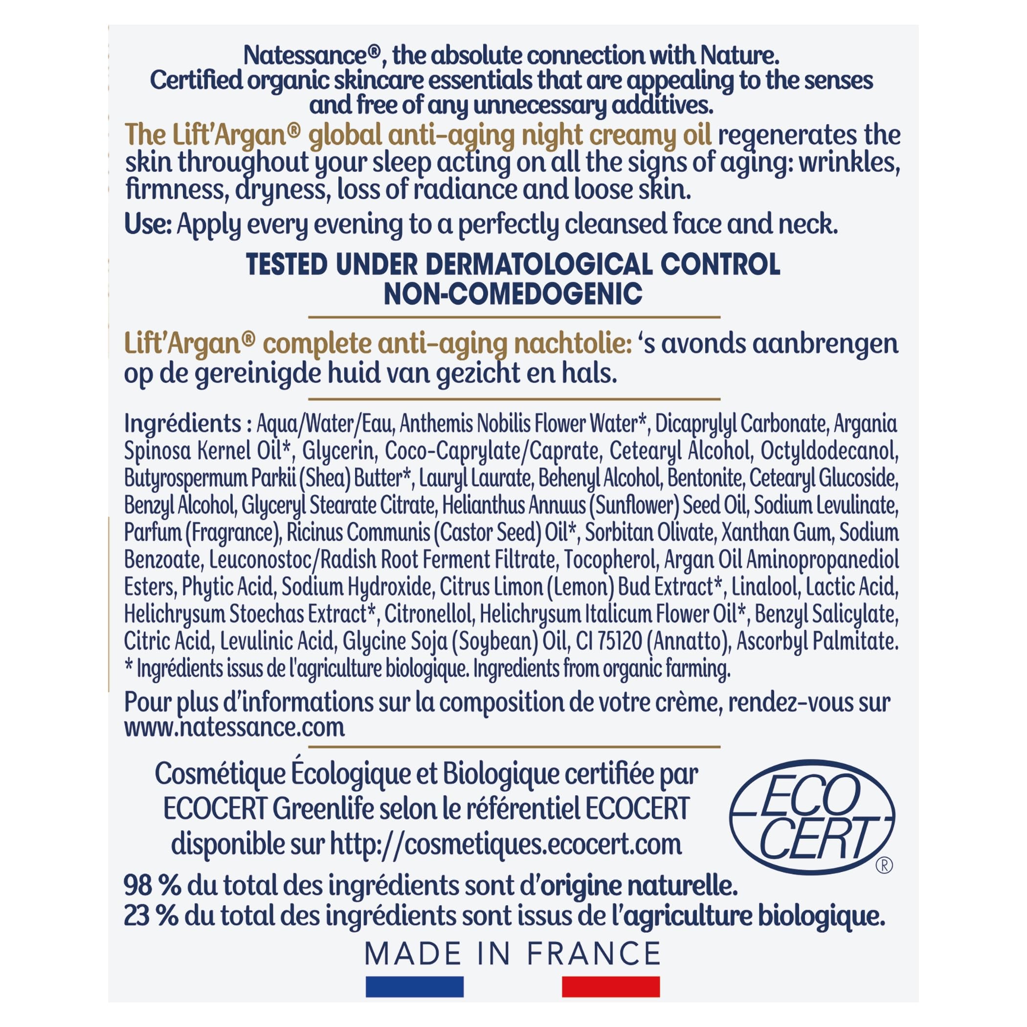Natessance | Crème-Huile Nuit Anti-Âge Global – Lift’Argan | Lutte contre le vieillissement cutané : rides, fermeté, éclat | Tous types de peaux | 98% d’origine naturelle| Certifié Bio |50 ml