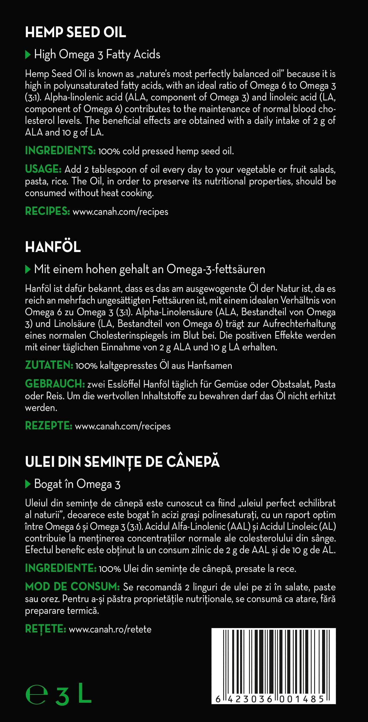 Natürliches Hanfsamenöl von Canah 3 Liter - kaltgepresst, roh, vegan, reich an Omega-3 Omega-6 Fettsäuren, trägt zum normalen Blutcholesterinspiegel bei, enthält Vitamin-E Koscher zertifiziert