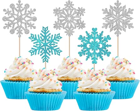 30 Pack Winter Snowflake Cupcake Toppers - Glitter Picks for Frozen Cupcake Decorations - Christmas, Baby Shower, Kids Birthday Party - Light Blue
