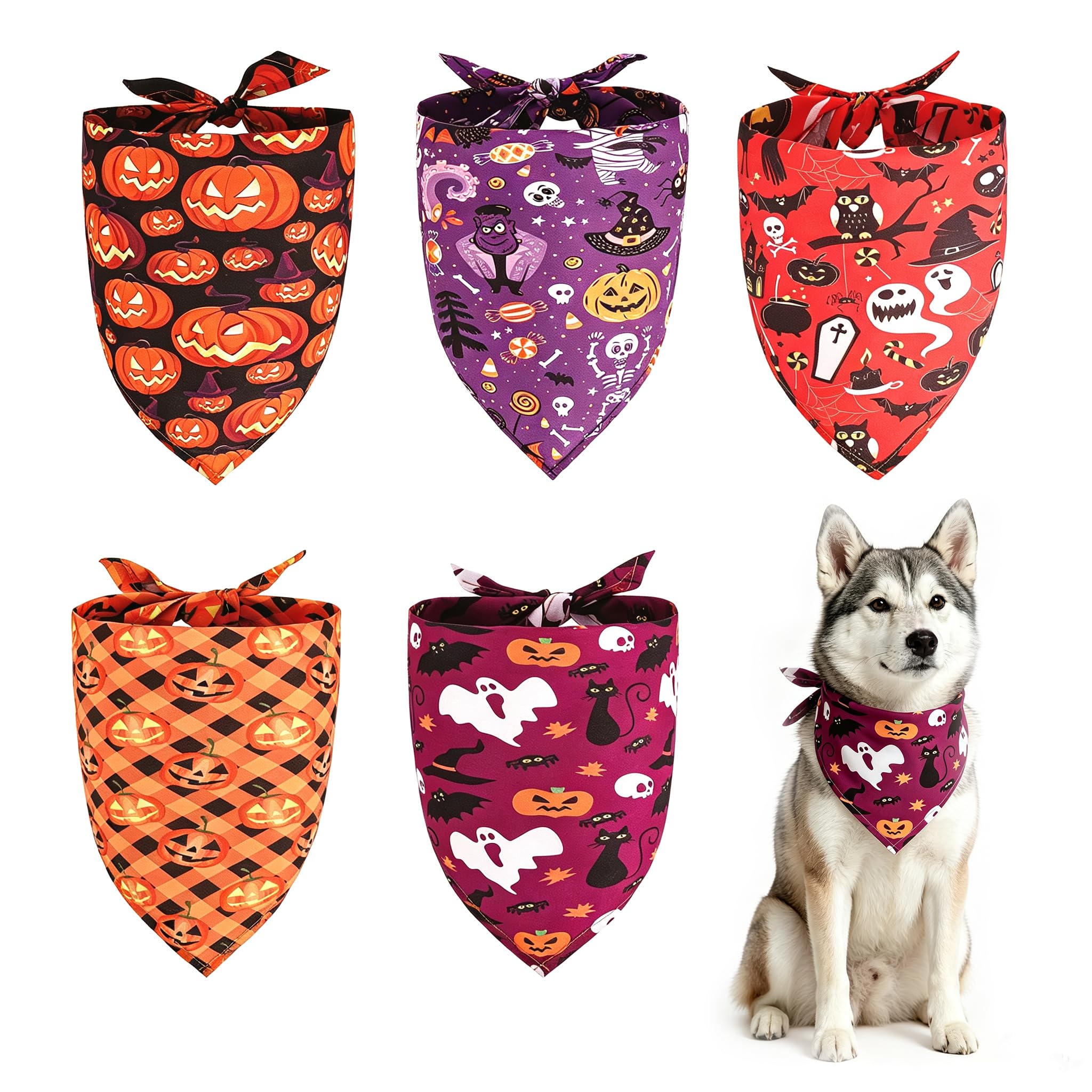 LCOLYDM 5 Pieces Soft Washable Polyester Scarf, Dog Halloween Bandana, 62x45x45cm Neckerchief Accessories, Pumpkin Ghost Spider Bat Print, Pet Halloween Costume, Dogs Puppy Cat, Scary Party Decoration