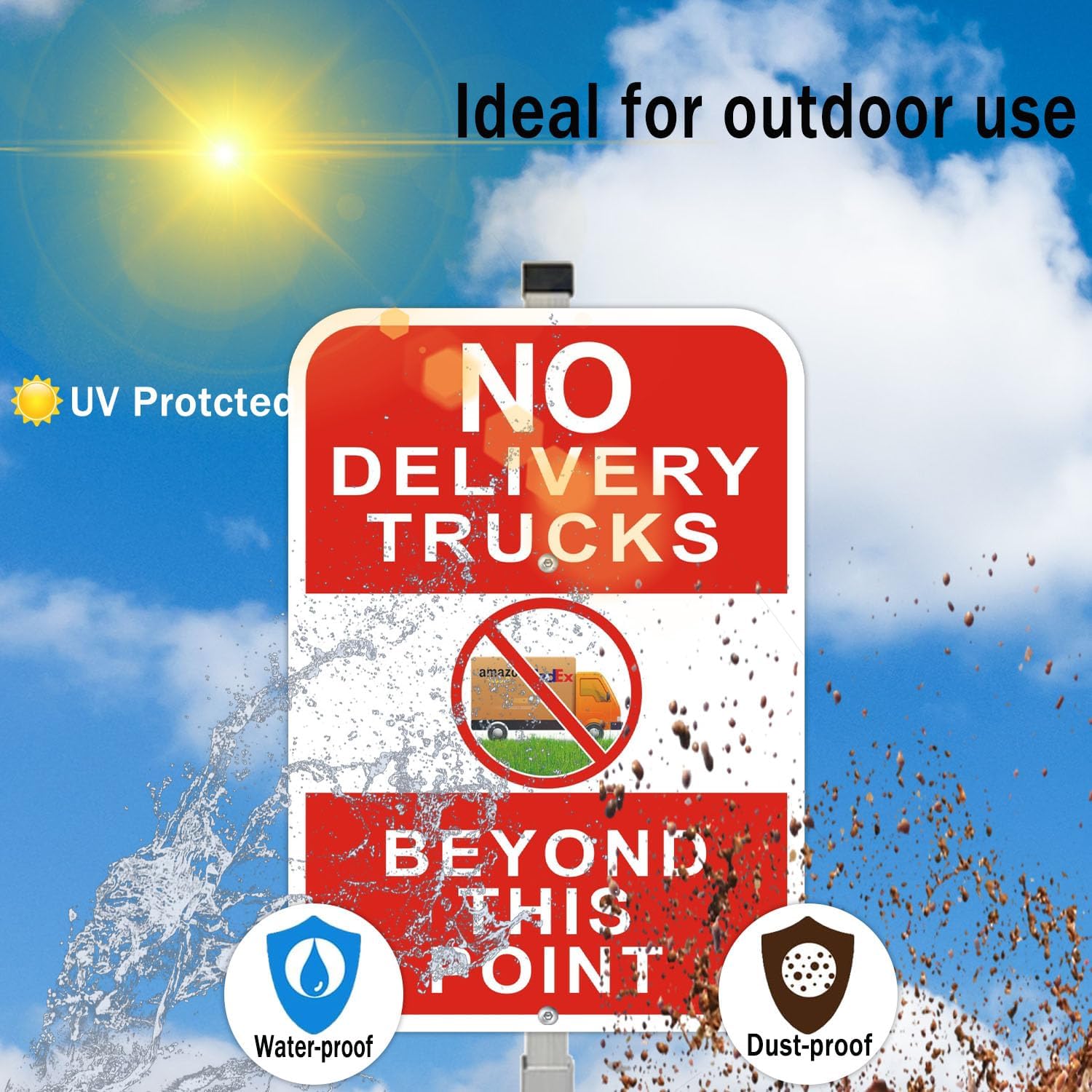 No Delivery Trucks Sign, 10 x 14 inches, 2-Pack with 36-inch Metal Stakes, Red and White Aluminum