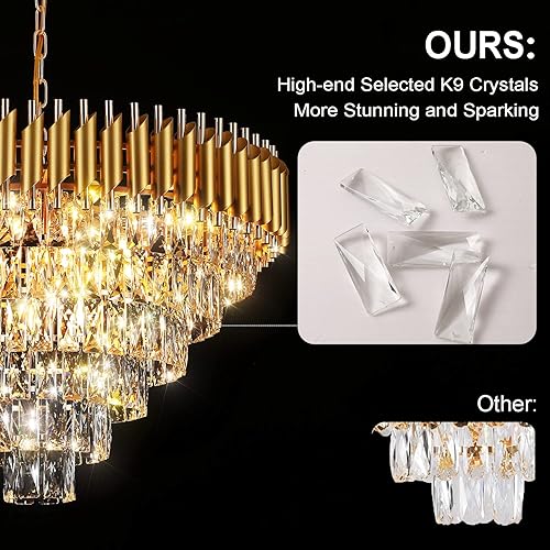 Miniatura 4 de AXILIXI Gold Crystal Chandelier, Modern 30" Round Chandeliers for Dining Room K9 6-Tier Extra Large Ceiling Pendant Light Fixtures Golden Luxury Oro