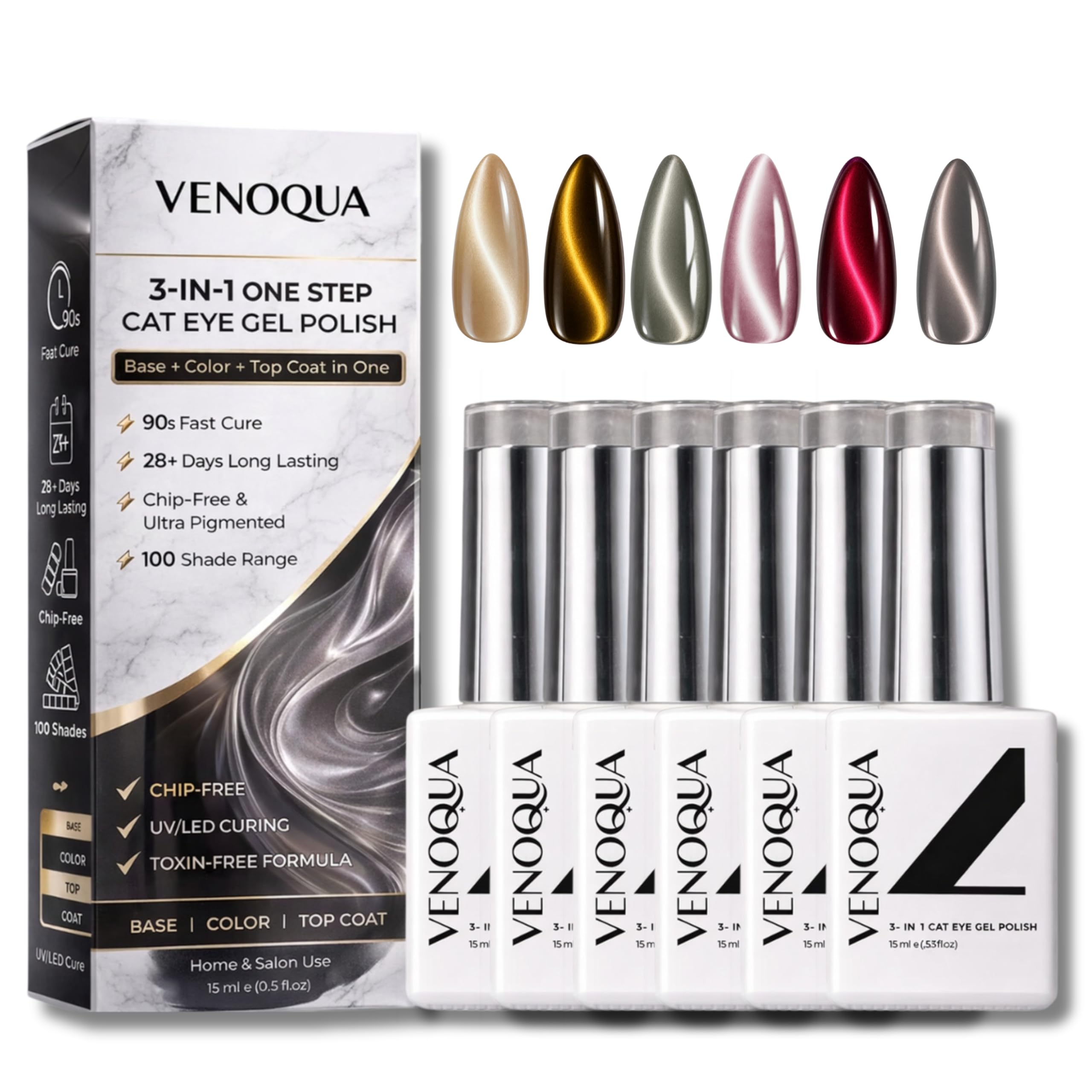 3-in-1 One Step Cat Eye Gel Nail Polish | Base, Color & Top Coat in One | Magnetic Cat Eye Effect | 28-Days Long Lasting, Chip-Free, Ultra Pigmented | Shades = 6 16 26 36 46 56-image-30