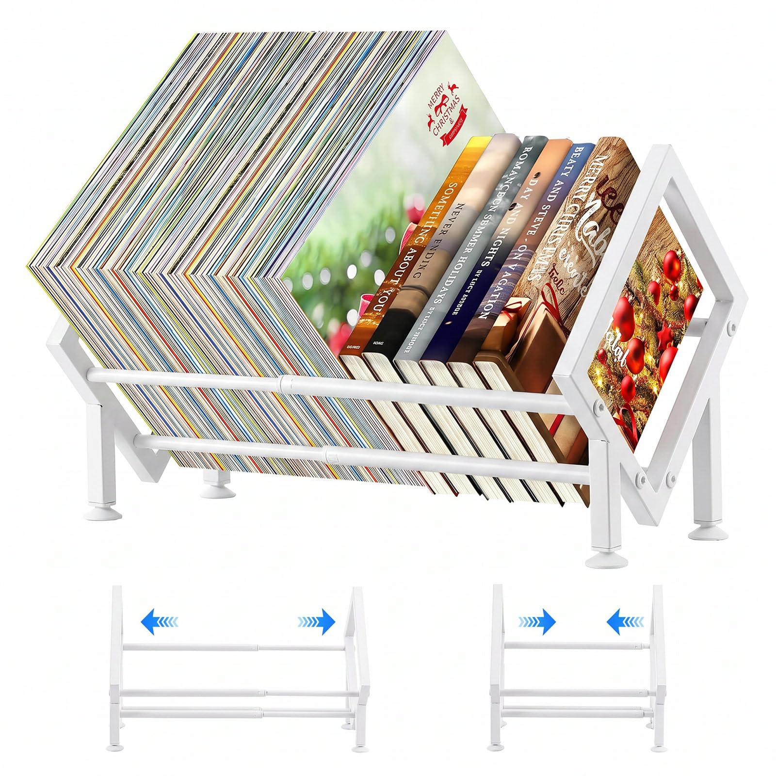 TW1TGOFT Small Bookcase - Expandable Tilting Bookshelf Desktop Metal Bookshelf for Small Spaces Assemble Desktop Bookcase Organiser for Books/ 80-100 CDs/Magazine Display (White)