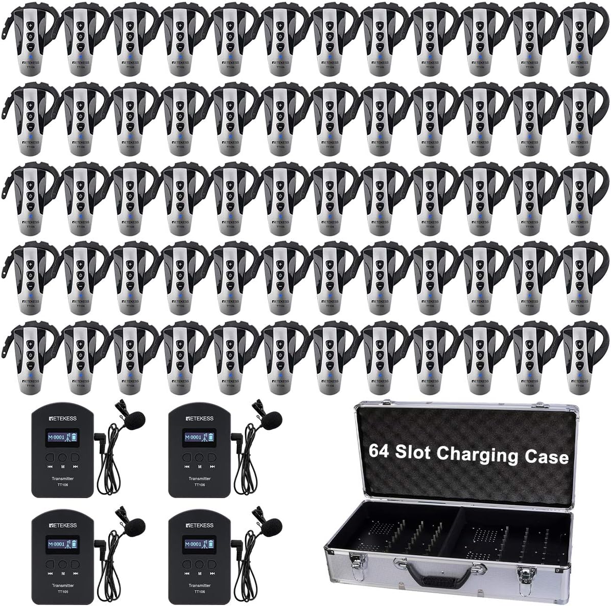 Retekess TT106 Tour Guide Headset, Wireless Tour Guide System, Right Ear Hook Receiver, Plant Tour Headsets for School, Manufacturing (4 Transmitters 60 Receivers Charging Case)