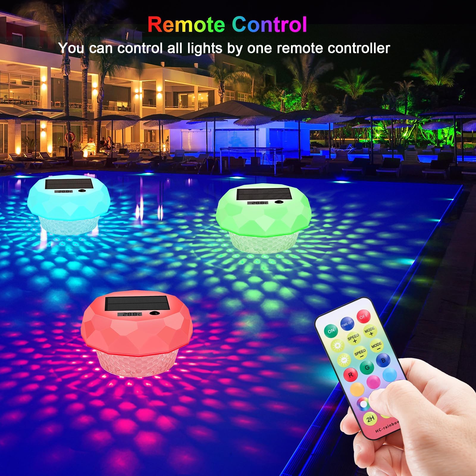 Luci Solari per Piscina con Termometro Digitale,Luci Galleggiante per Piscina Galleggianti Cambia Colore RGB con Telecomando Impermeabile IP68 per All'aperto Piscina Spa Festa Giardino