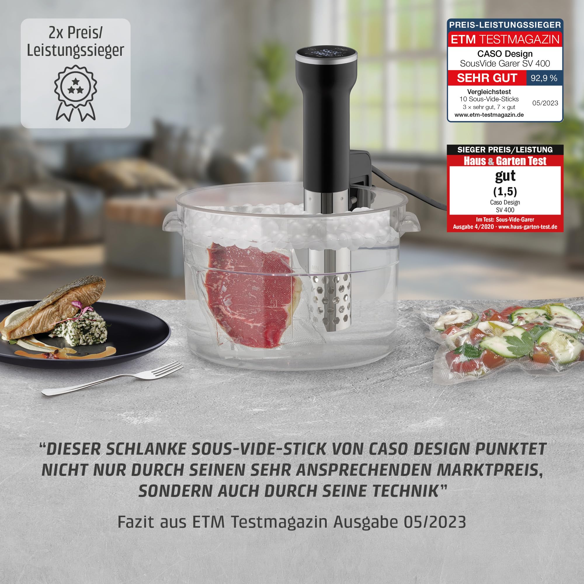 CASO SV400 Sous Vide Stick, Testsieger Haus & Garten Test für Behälter bis 20l Volumen, 25-90°C in 0,5°C Schritten, IPX7, platzsparendes Design