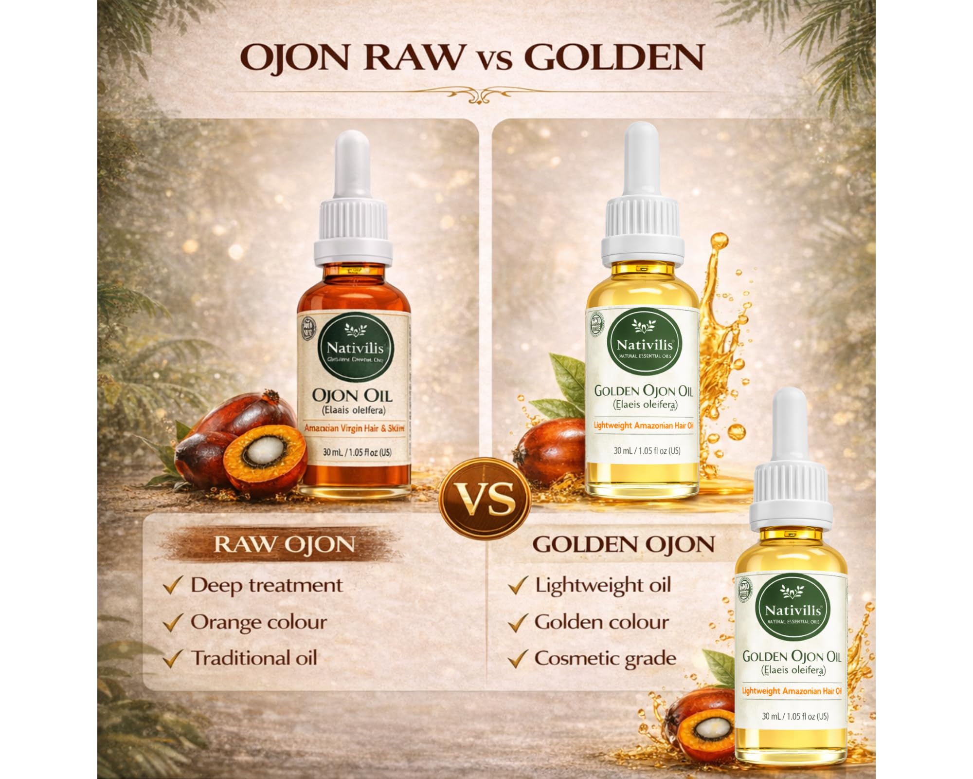 Nativilis Ojon Caiaue Golden Oil - Potenciador natural de la piel del cabello Rainforest Virgin Oil - Revitaliza los folículos dañados Cabello - Copaiba