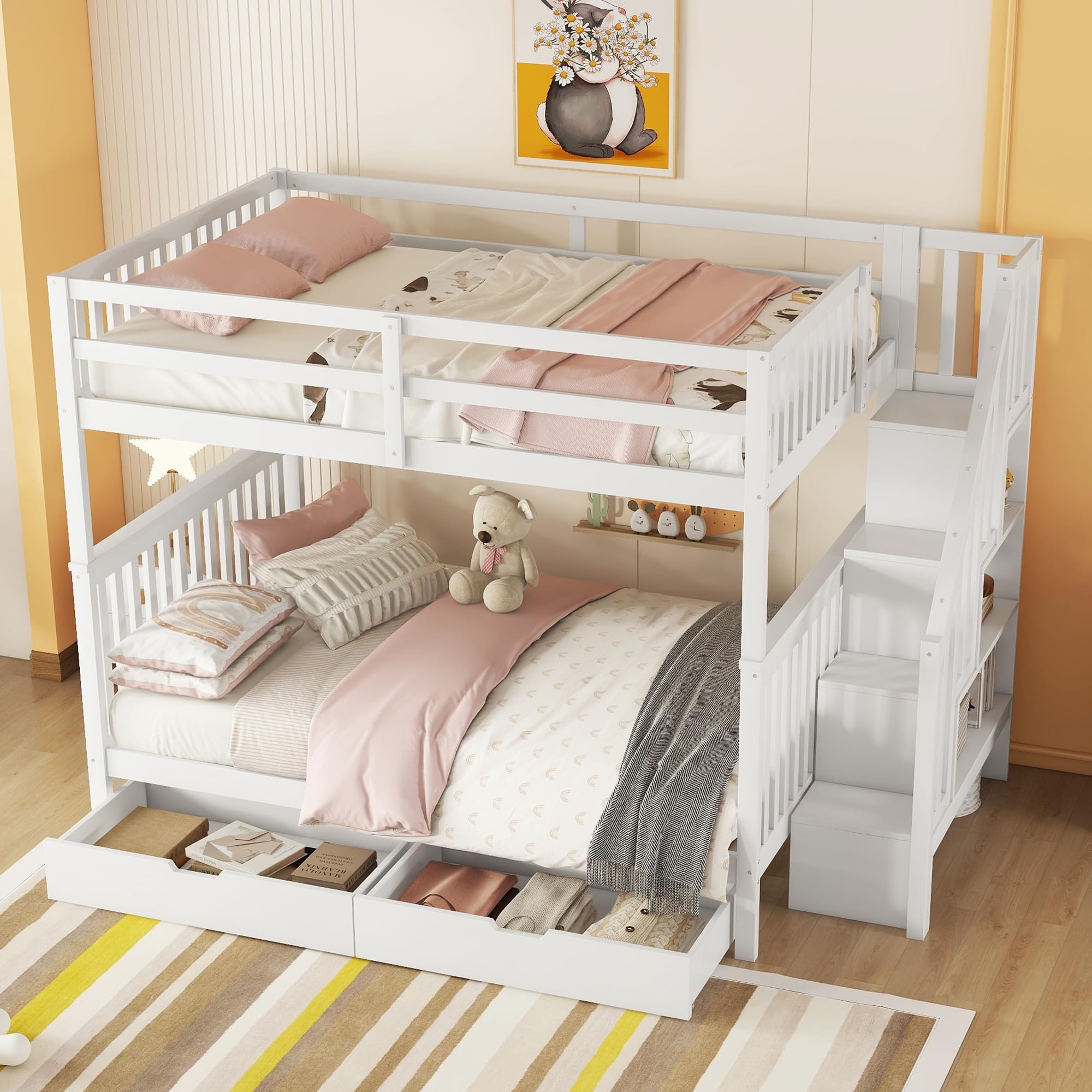 Rtopsu Letto a Castello 140x200 cm, Letto per Bambini con Scale e 2 Cassetti Contenitore, Letti Ragazzi con Protezione Anticaduta e Ripiano Portaoggetti, Letti con Rete a Doghe, Bianco Senza Materasso