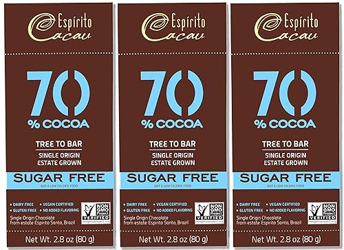 Espirito Cacau Single Origin - Barra de chocolate fino 70% chocolate negro sin azúcar, sin OMG, vegano, chocolate de árbol a barra, 2.8 onzas