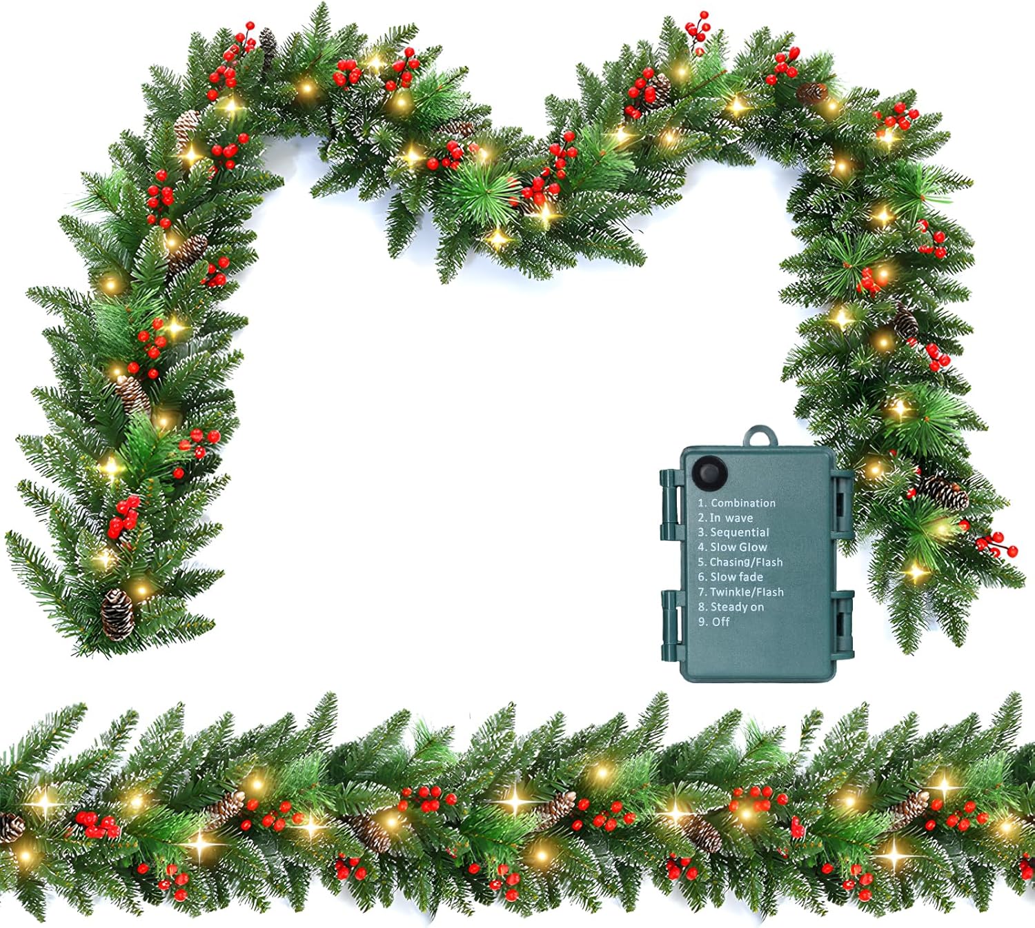 9ft Prelit Christmas Garland with Lights, Battery Operated Lighted Garland Pine Cones & Red Berries, Christmas Decoration for Mantle, Fireplace Indoor & Outdoor （Pine）