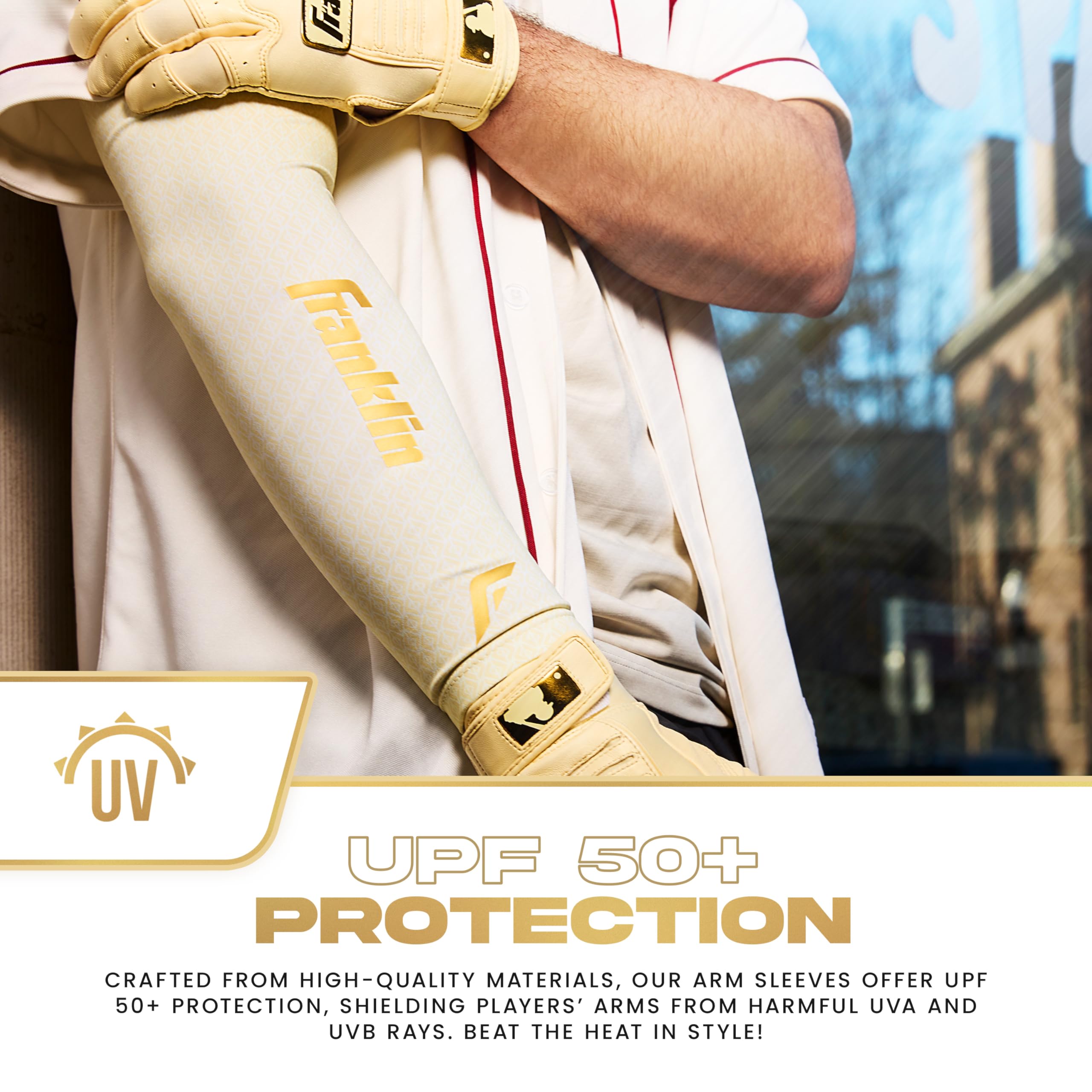 Franklin Sports Baseball-Armstulpen – Baseball + Softball-Arm-Kompressionsmanschetten für Damen und Herren – mehrere Größen + Farben, Vanille / Gold, Large-X-Large