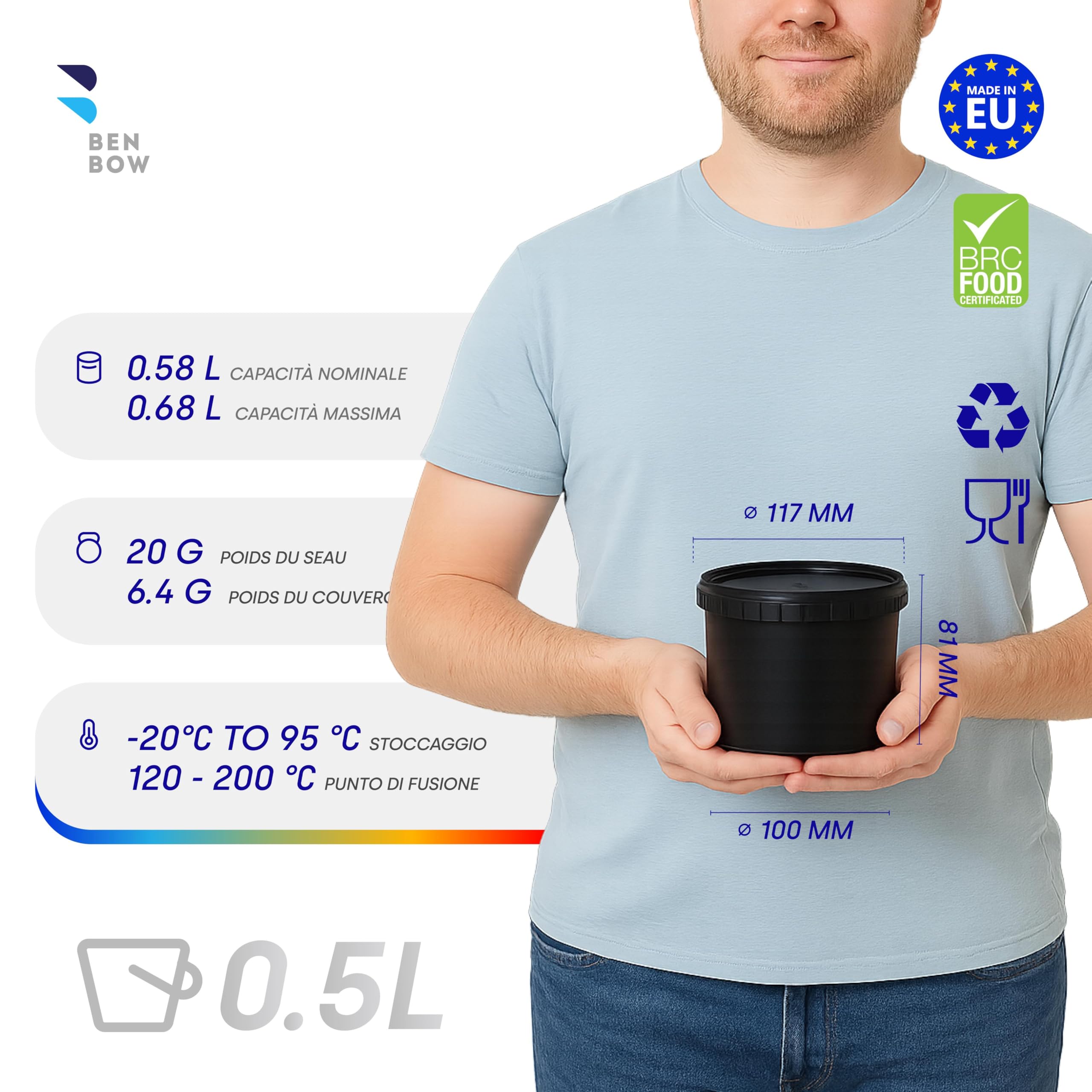 BenBow Secchio con coperchio, 0,5 l, nero, 100 x 0,5 litri, per alimenti, stabile, ermetico, a prova di perdite, inodore, contenitore in plastica – vuoto