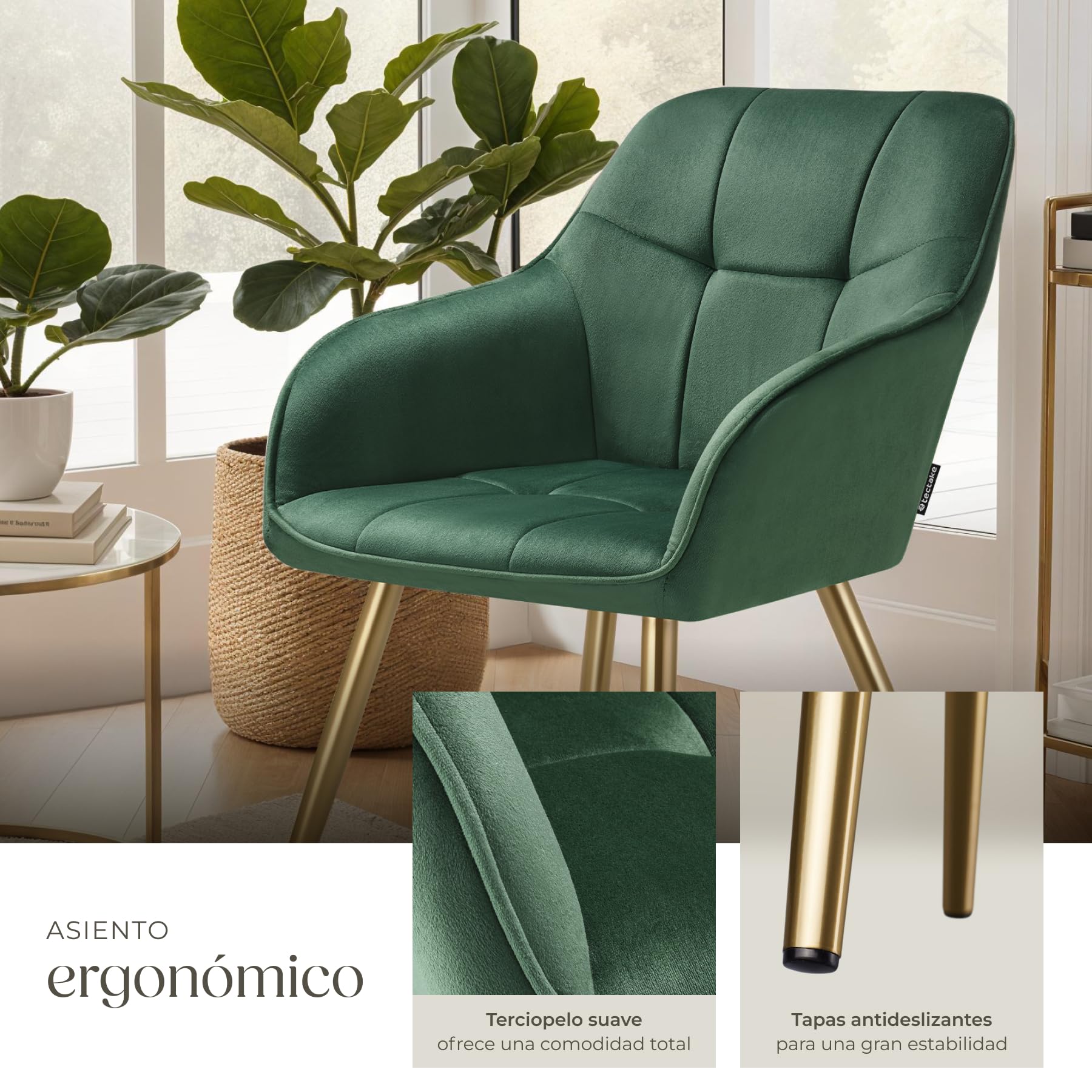 tectake® Sillas de Comedor Elegantes, Tapizado Aterciopelado, Respaldo Continuo, Sillas Comedor Modernas, Silla Dormitorio, Silla Nordica, Butacas de Salon - 1 Silla Verde Oscuro