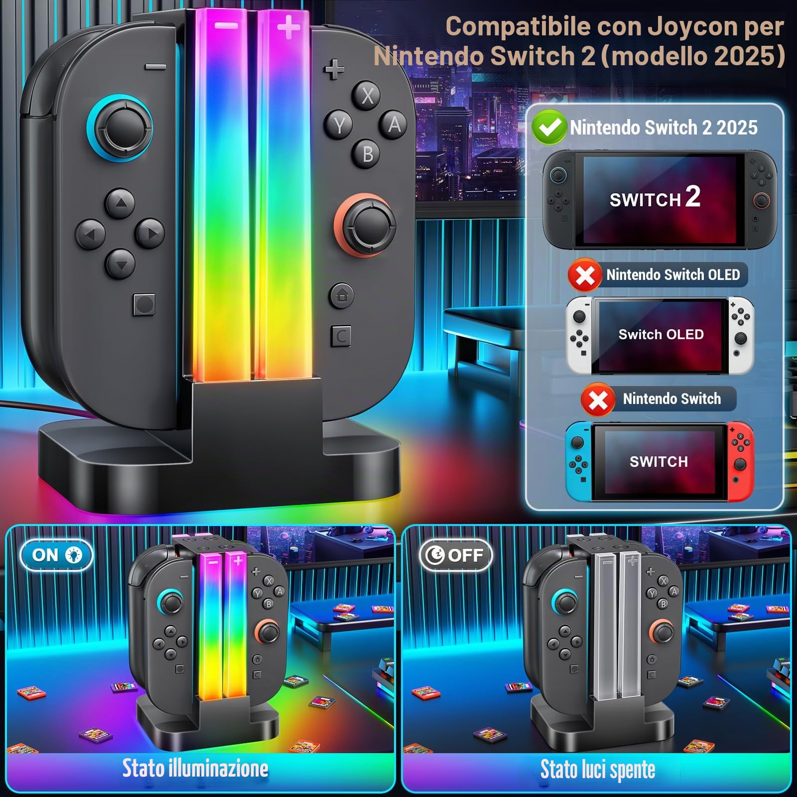 Stazione di ricarica per Switch 2 Joy cons, Caricatore di Joycon Compatibile con Nintendo Switch 2 Controller con 6 Modalità di Luce RGB e Funzione Timer