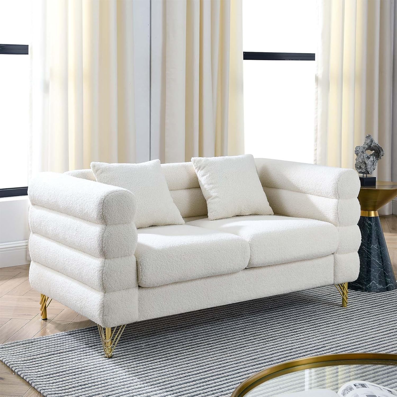 Antetek 60-inch Couches for Living Room, Modern Teddy Fabric Upholstered Loveseat Sofa Couch with Square Arm and 4 Golden Metal Legs for Living Room, Office, Apartment, White