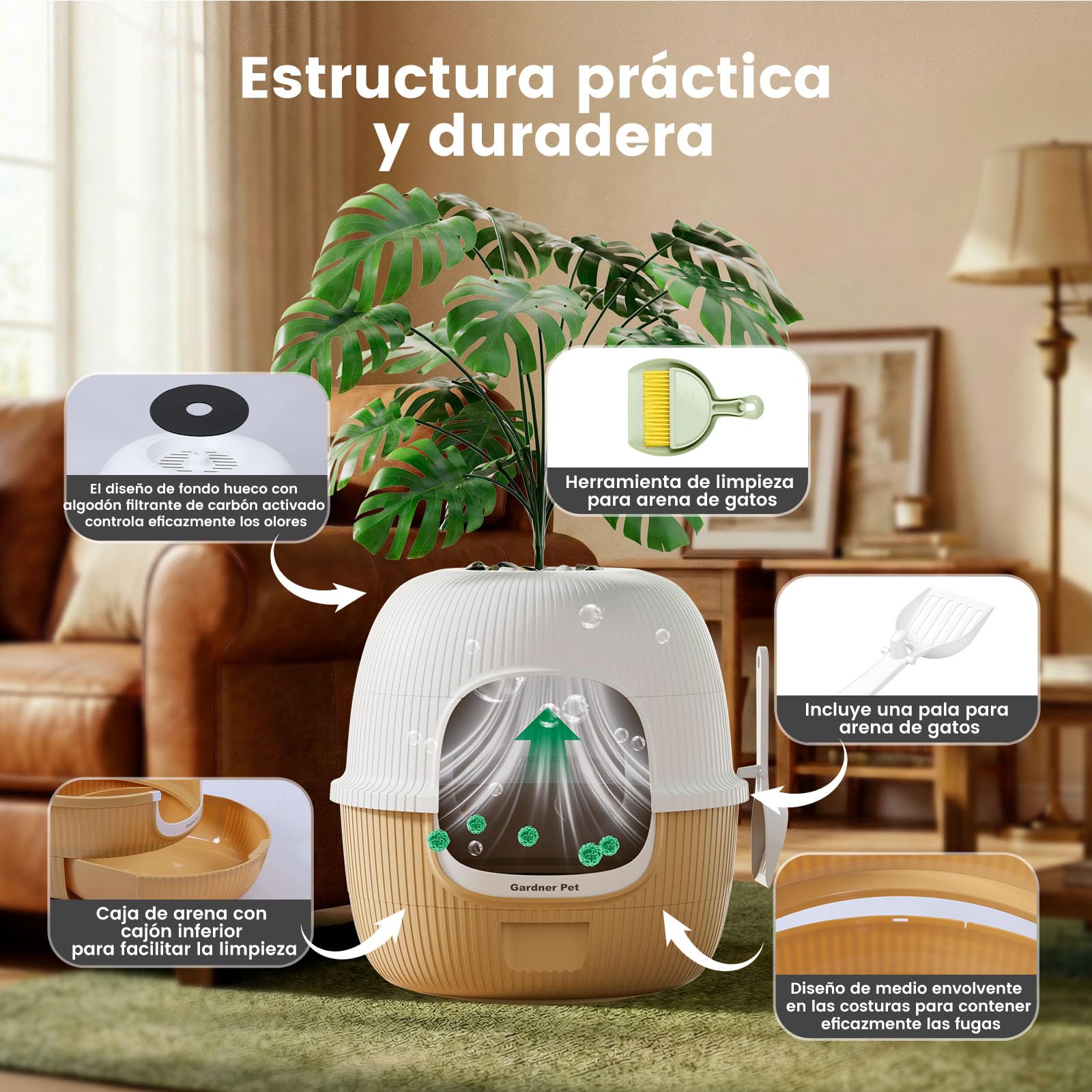 Gardner Pet Arenero Gato con Planta Artificial y Pala-Café Claro | Incluye Filtro de Carbón Activado Anti-Olores, Fácil de Rellenar, Limpiar y Mantener, Diseño a Prueba de Fugas