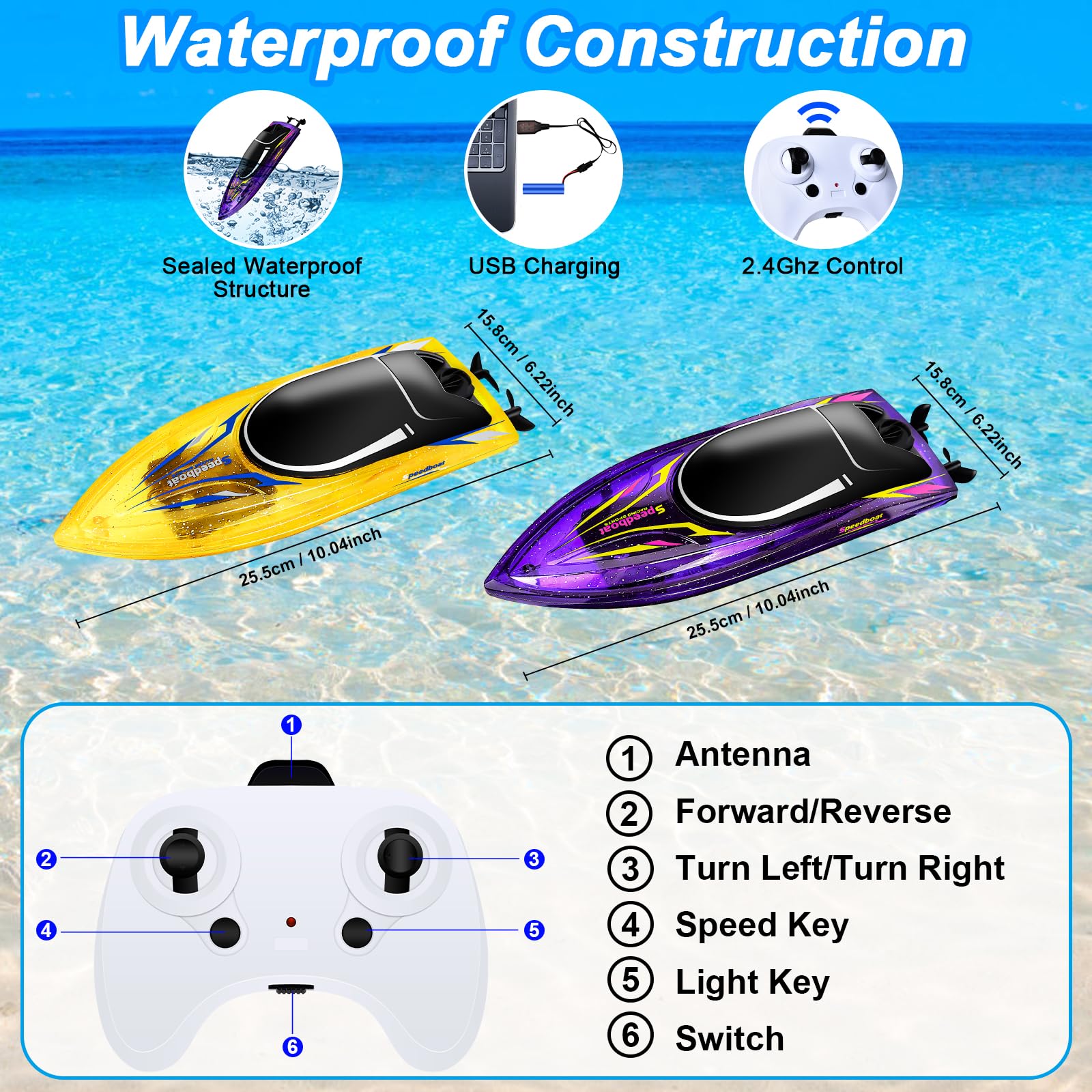 Herenear Barco teledirigido 2 unidades, barcos teledirigidos para niños a partir de 6, 8, 10 años, barco RC con luz LED para adultos, juguete de piscina ajustable lancha rápida para mares, piscinas y