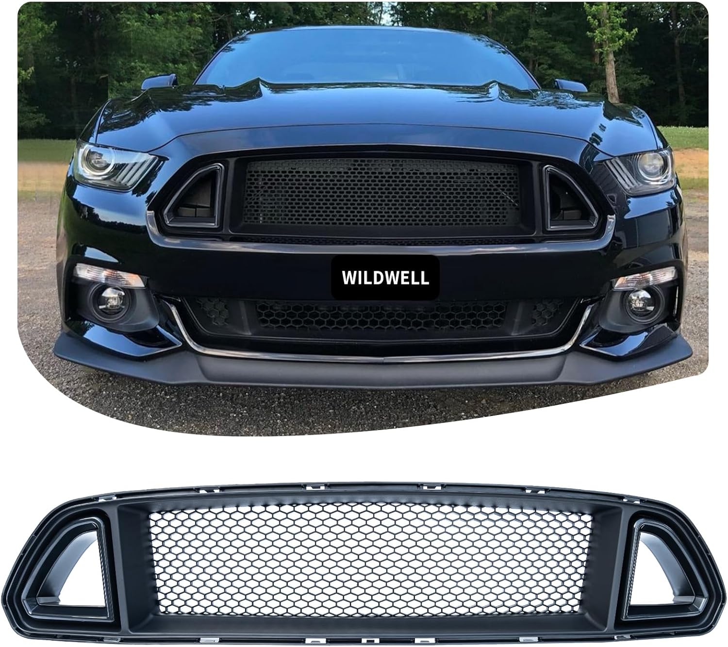 WildWell Mustang Grill For Ford Mustang 2015-2017 Front Upper Hood Grill Mesh Style Black 2015-2017 Black