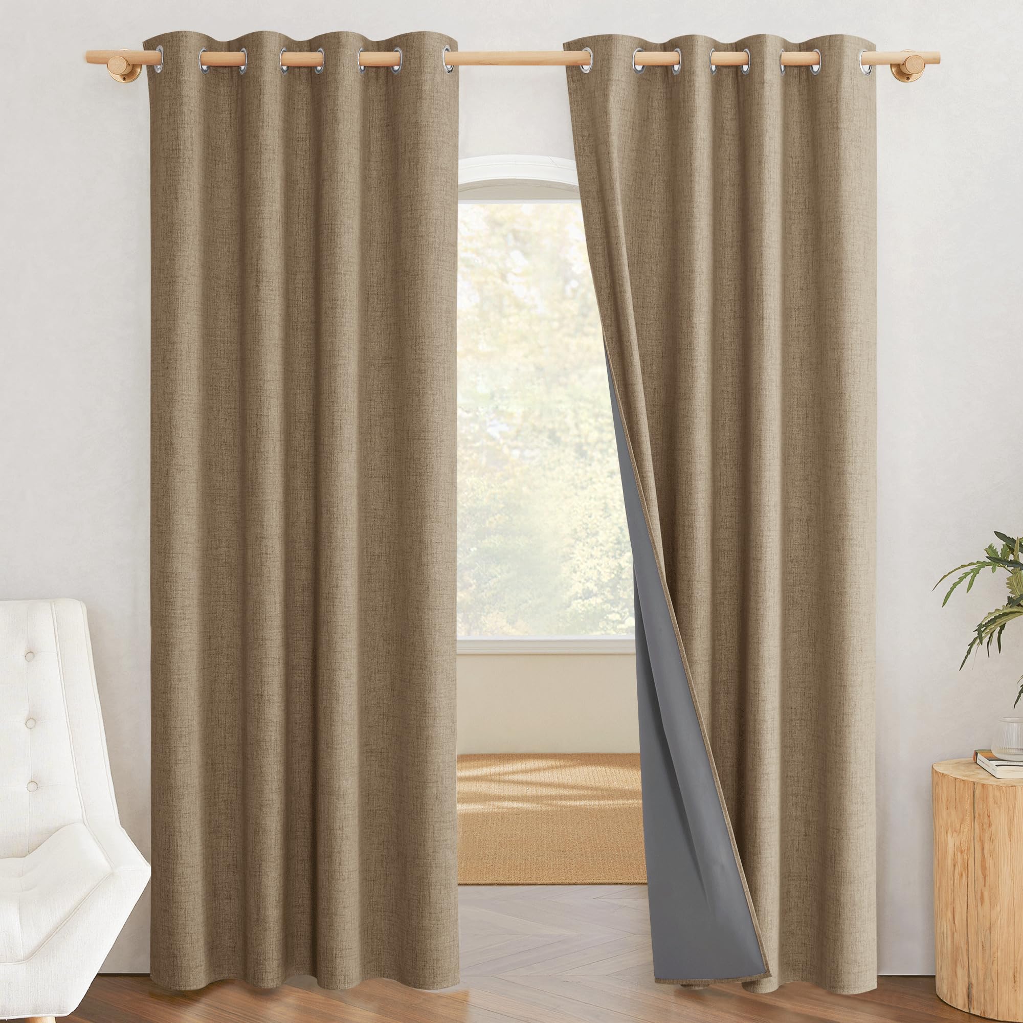 PONY DANCE 100% Blackout Linen Look Coating Curtains, 84 Inch Drop, Thermal Eyelet Top, Soundproof for Bedroom & Living Room