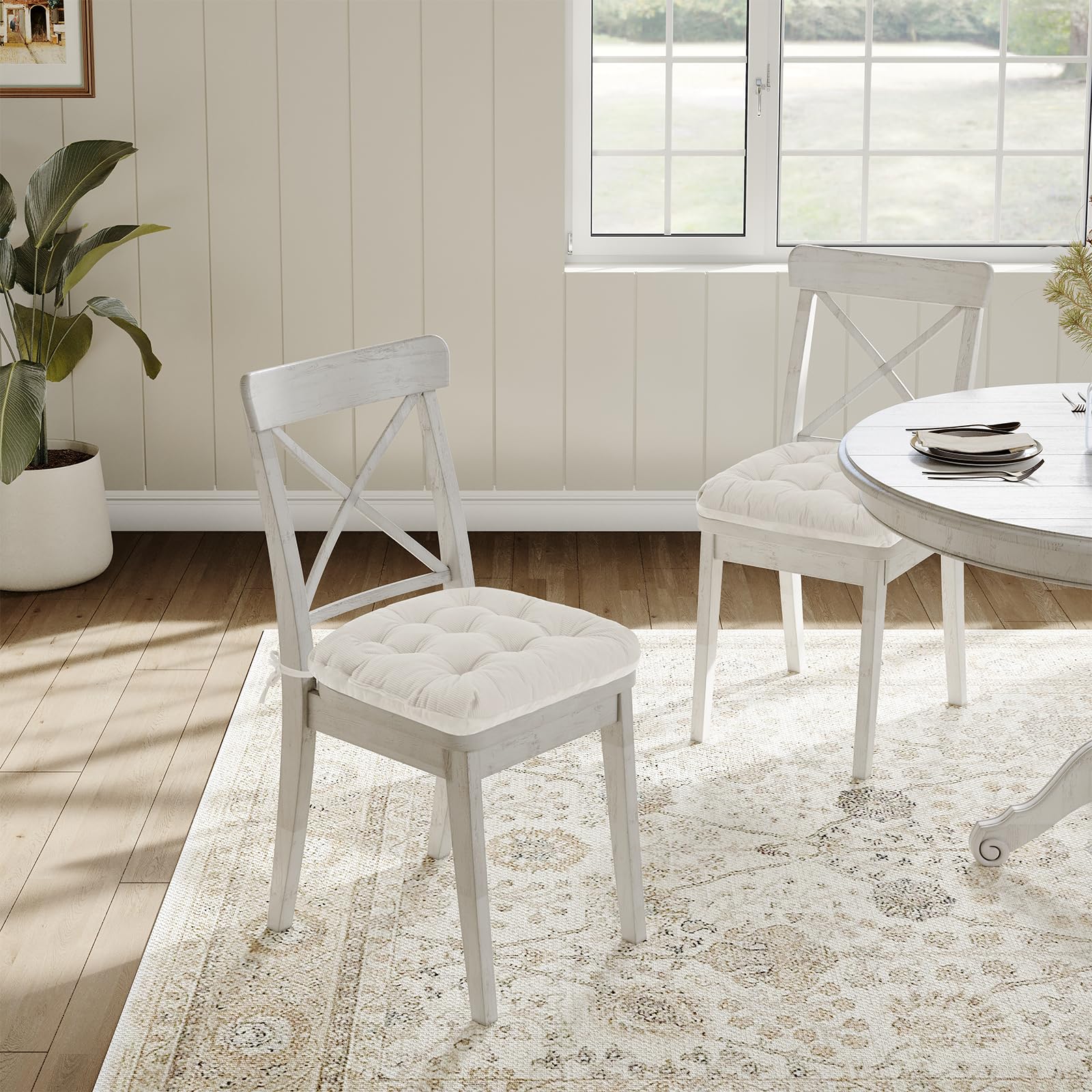 2er Set Stuhlkissen, 50x50x7 cm, Beige – Bequeme Sitzkissen aus Cordstoff und Kristallsamt mit Bindebändern, ideal für Esszimmer, Büro, Wohnzimmer und Gartenstühle, Hochwertige Füllung