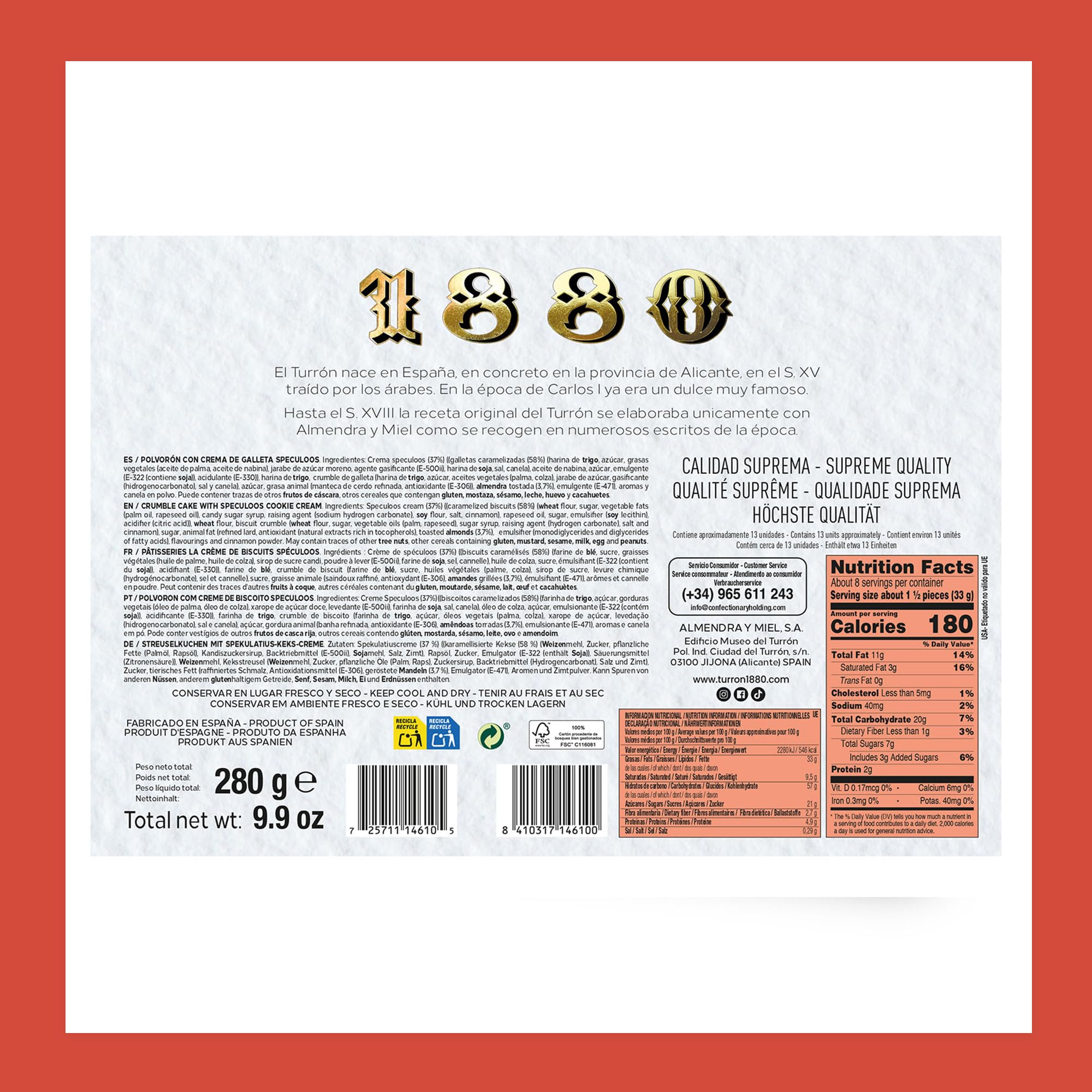 1880 - Polvorones Artesanos de Galleta Speculoos 280 g, Receta Artesanal con 95% de Galleta Speculoos y Almendra Seleccionada, Envase Individual, Textura Suave, Típico Dulce Navideño