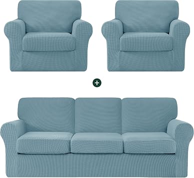 CHUN YI Two Armchair Sofa Slipcovers Bundles Large Couch Cover with Separate Backrests and Cushions, Checks Spandex Jacquard FabricSmoky Blue