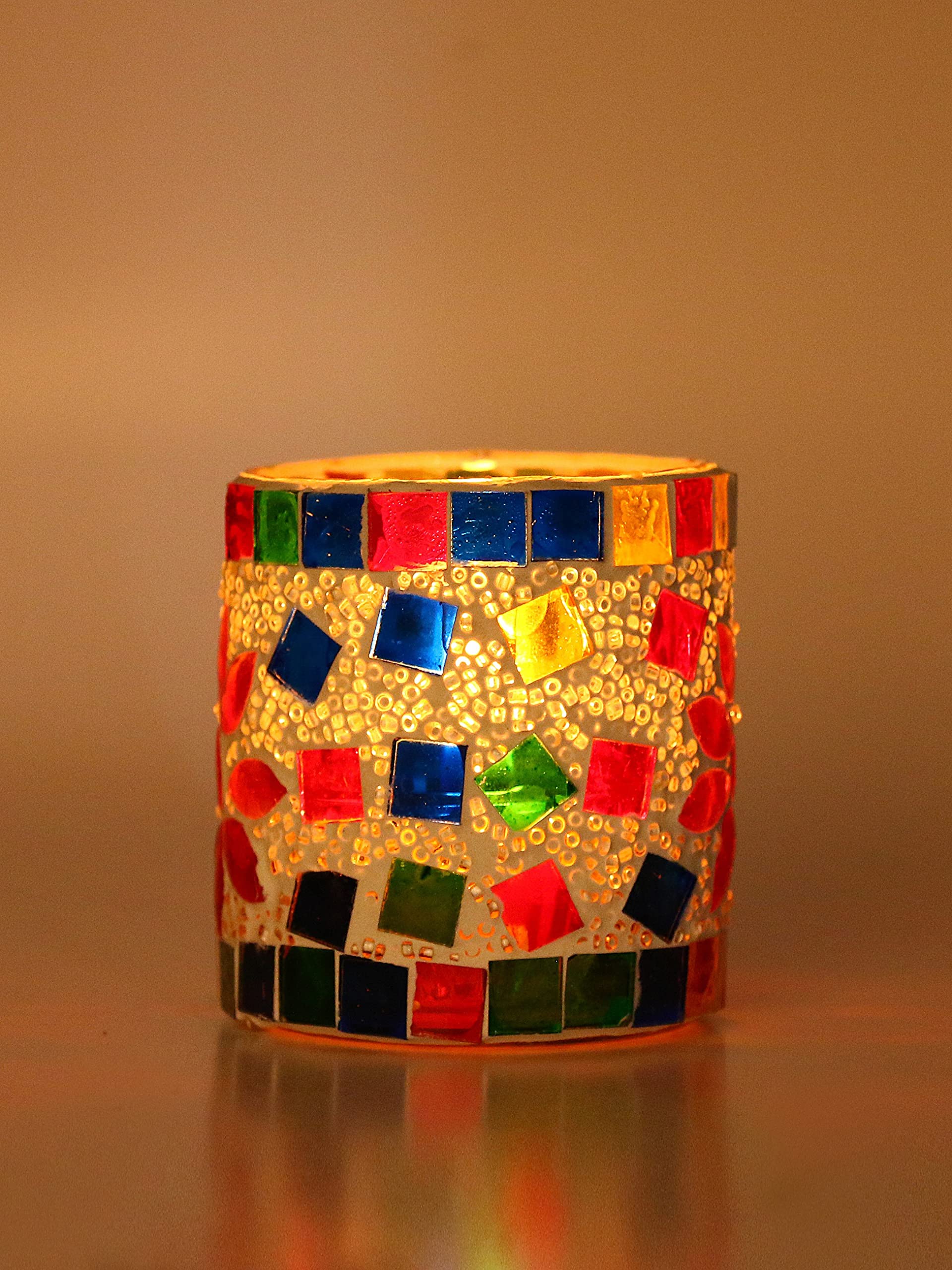 1st Time Candle & Tea Light Holder Decorated with Glass Chips, Colorful Lighting Effects, Pack of 2 Model No- 9 2