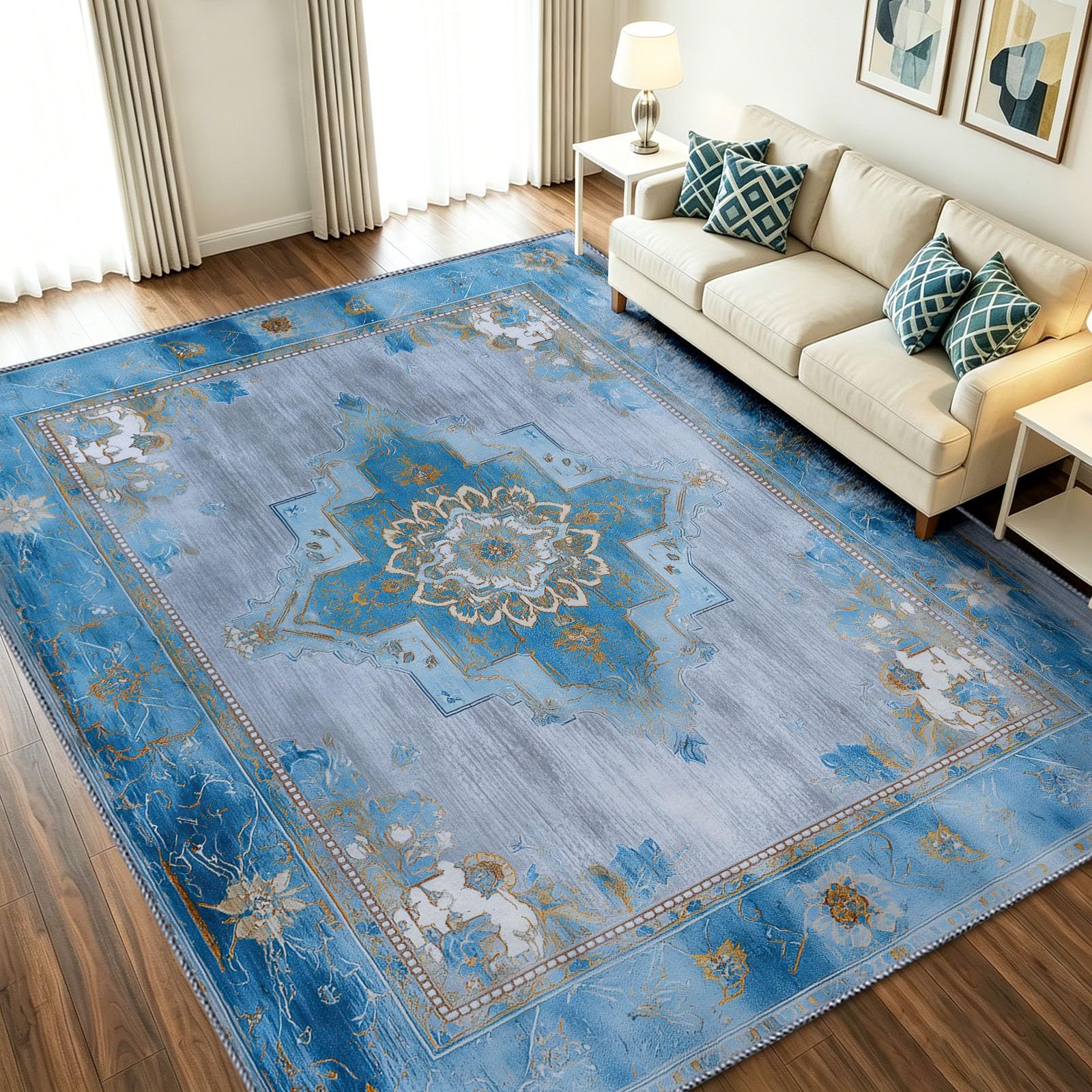 Alfombra antideslizante 150x210 cm azul libre de tropiezos lavable para comedor