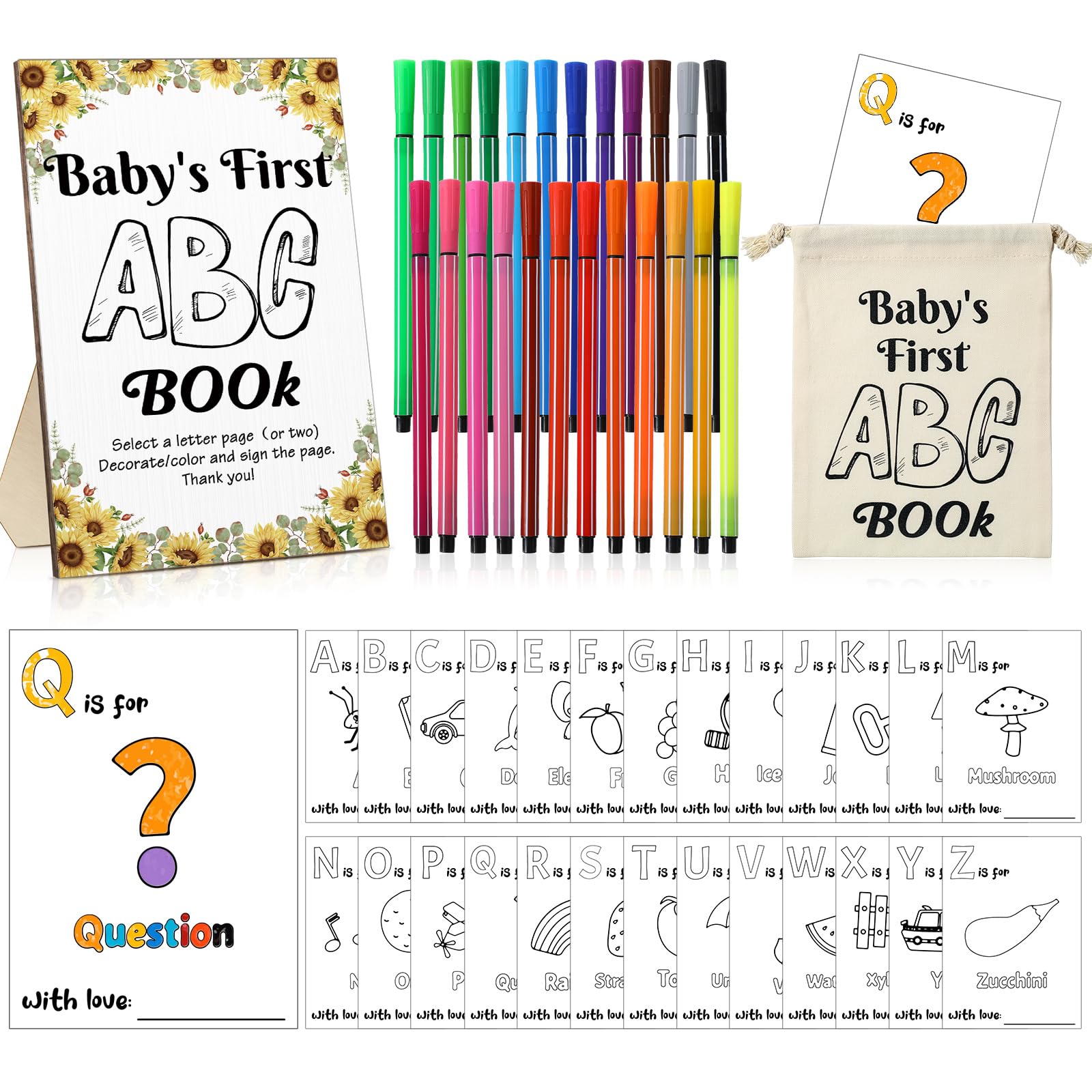 Geelin 51 Pcs Fun Baby Shower Coloring Kit First Abc Book Sign Guest Book Alternative 26 Alphabet a to Z Coloring Card with 24 Watercolor Storage Bag