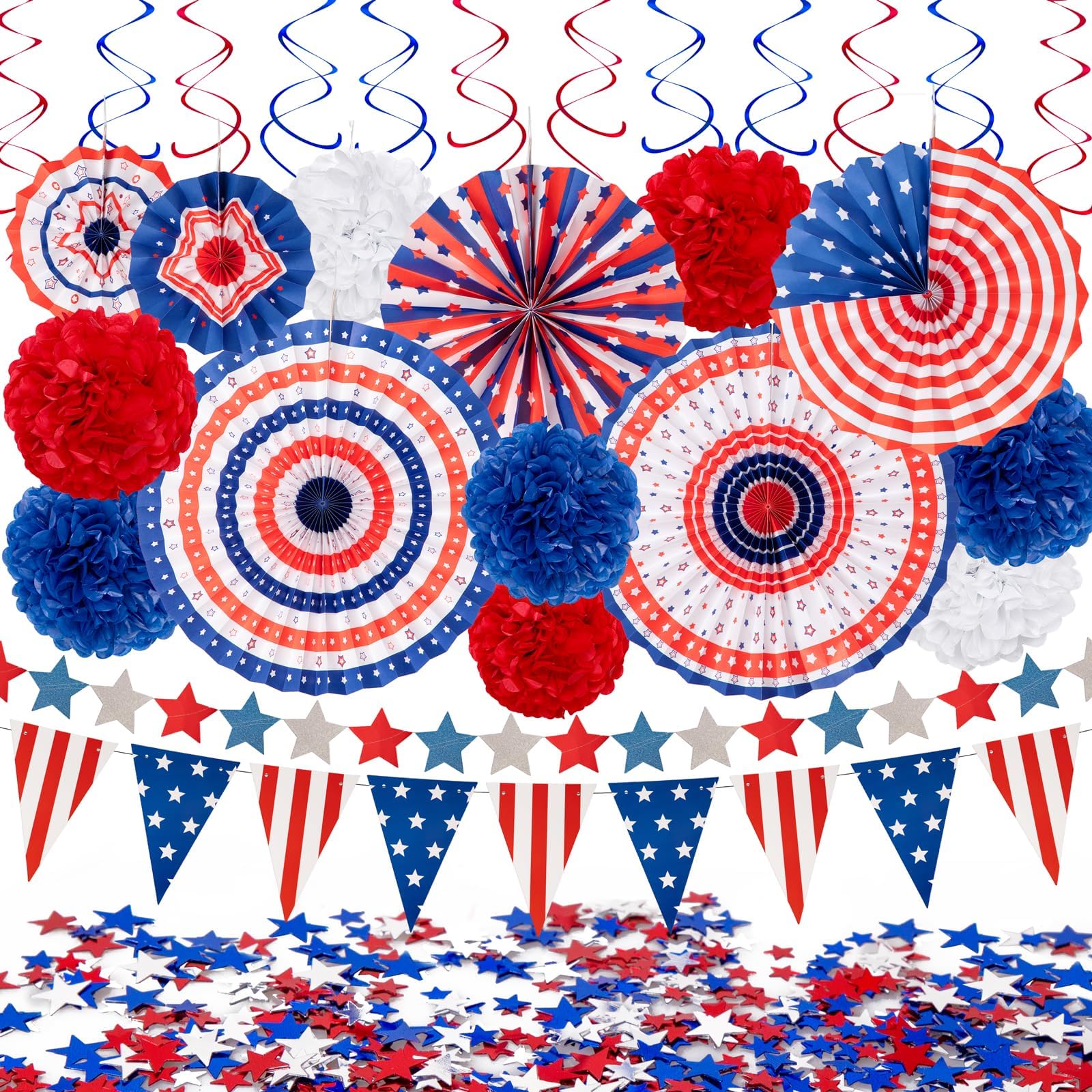 29PCS 4th/Fourth of July Patriotic Decorations Set - 250th Anniversary Red White Blue Paper Fans,USA Flag Pennant,Star Streamer,Pom Poms,Hanging Swirls Party Decor Supplies