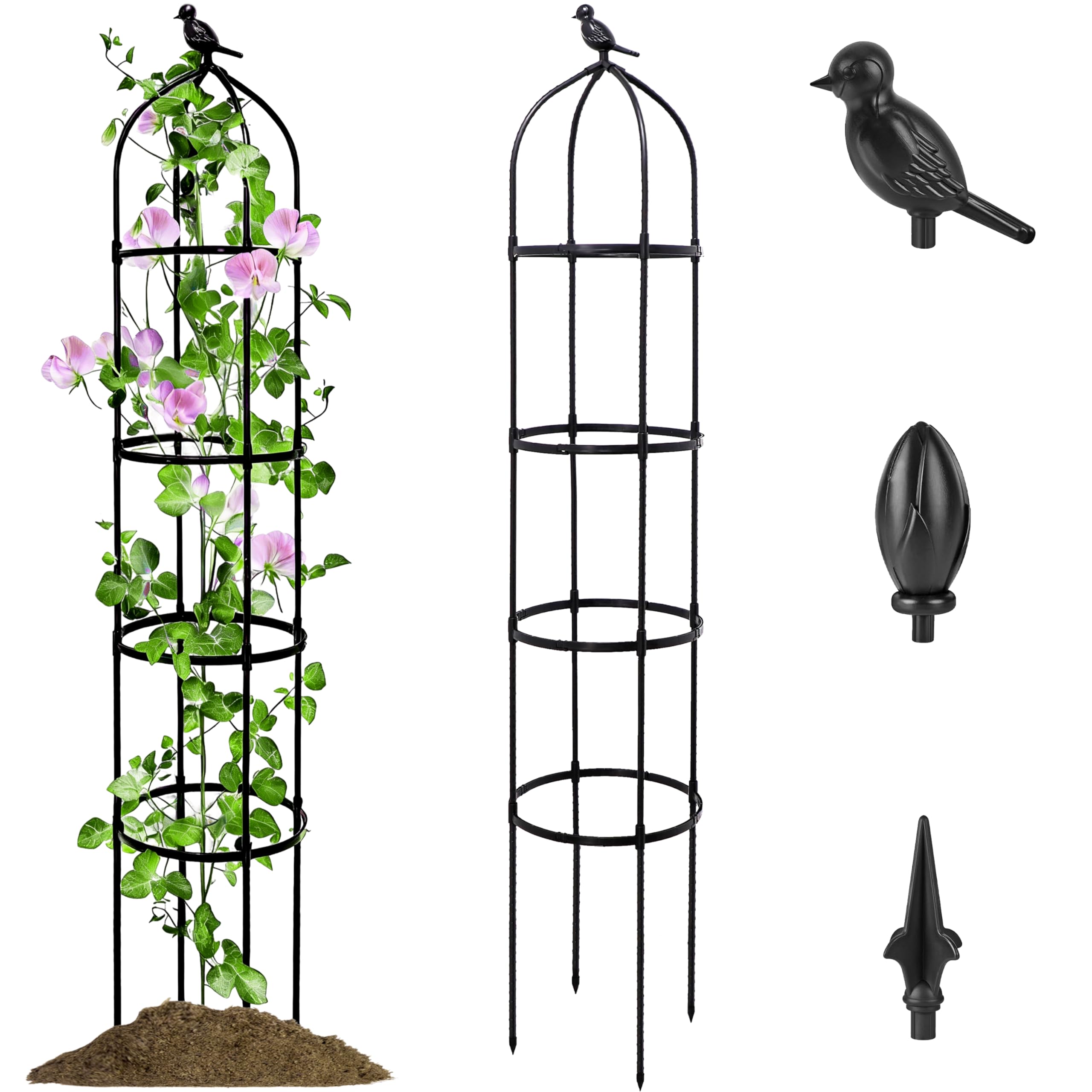 1 Set Rankhilfe Metall 175cm, Obelisk Rankgitter mit 32cm Durchmesser für Kippschutz, Rostfrei Rosenobelisk Höhenverstellbar mit 3 Zierköpfen, Ideal für Kletterpflanzen, Rosen, Tomaten