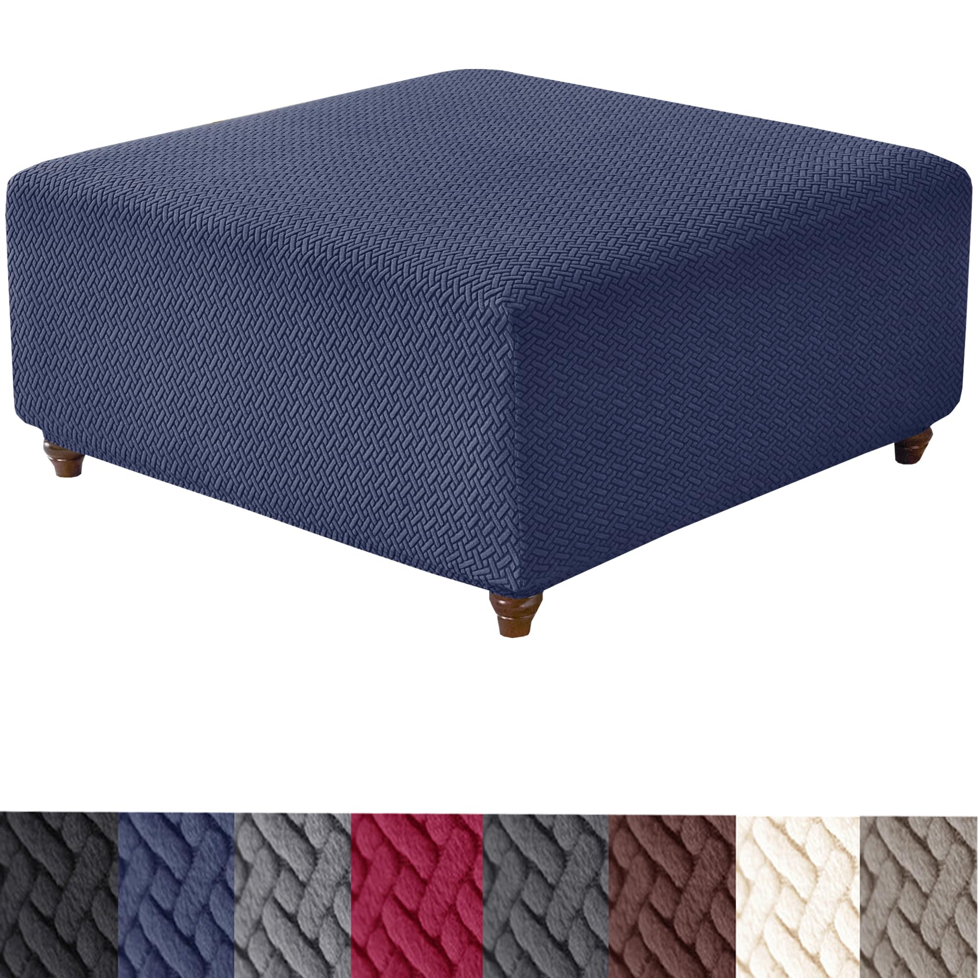 HFCNMY Ottoman Cover Square,Stretch Knitted Jacquard Square Ottoman Cover Thick Ottoman Slipcover Square Washable Storage Ottoman Cover Foot Stool Cover with Elastic Bottom Blue Large