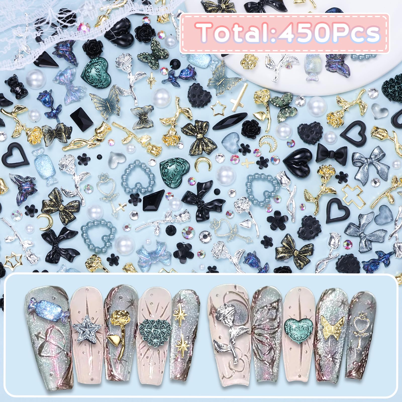 Gold Silver Rose Nail Charms & Art Studs, 450 Pcs Assorted Nails Charms with Pearls, Rhinestones & Flowers