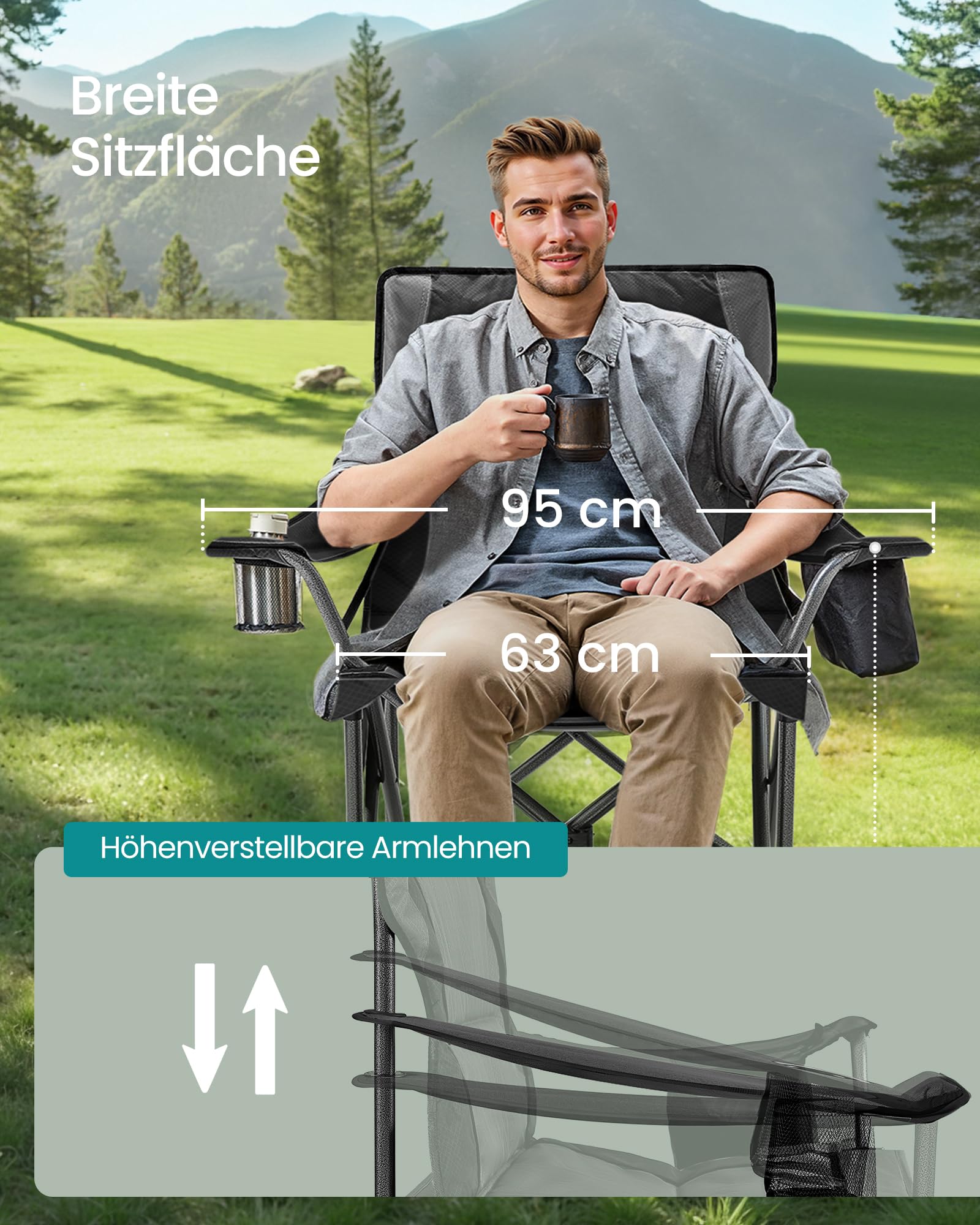 SONGMICS Campingstuhl, Klappstuhl mit Getränkehalter, Angelstuhl, Schaumstoffpolsterung, klappbar, bis 205 kg belastbar, Outdoor-Stuhl, hohe Rückenlehne