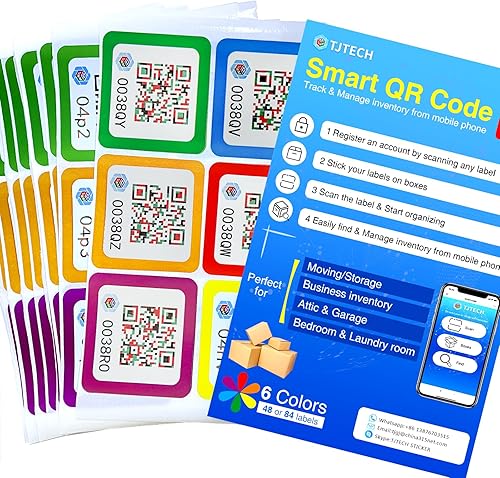 84 calcomanías de código QR para almacenamiento y organización de inventario avanzado, etiquetas de código QR, paquete y etiquetas de pista con