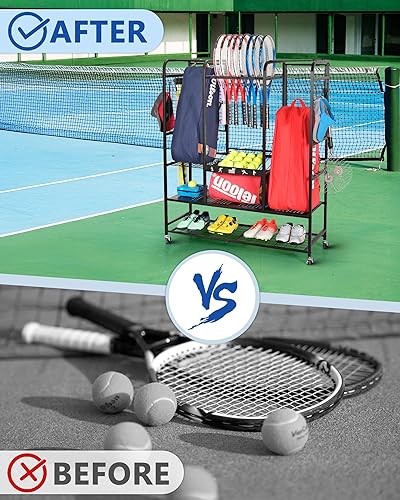 Miniatura 7 de Mythinglogic Estante de almacenamiento para bolsas de tenis, raqueta de tenis y organizador de pelotas, soporte para equipo de tenis para garaje