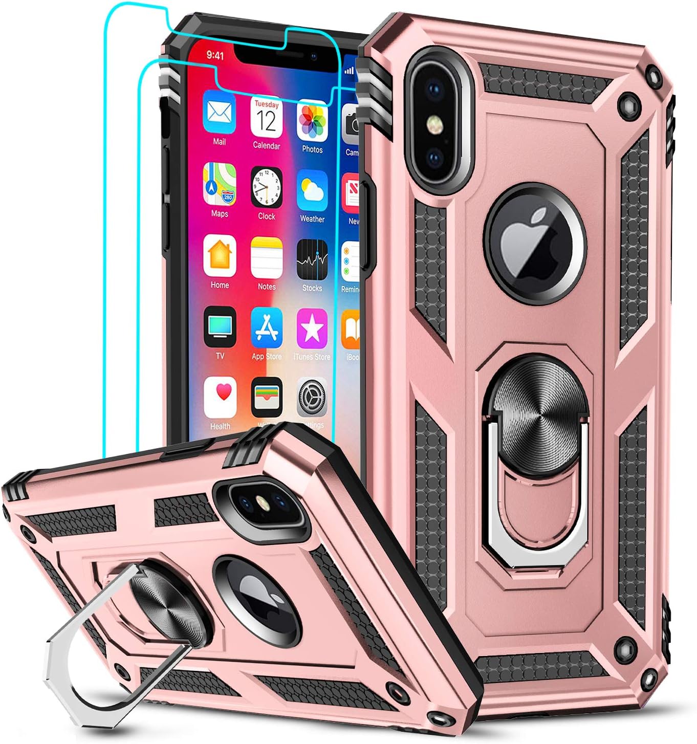 LeYi Compatible for iPhone Xs Max Case (Not Fit iPhone Xs) with Tempered Glass Screen Protector [2Pack] for Women Men, Military-Grade Phone Case with Ring Kickstand for iPhone Xs Max, Rose Gold