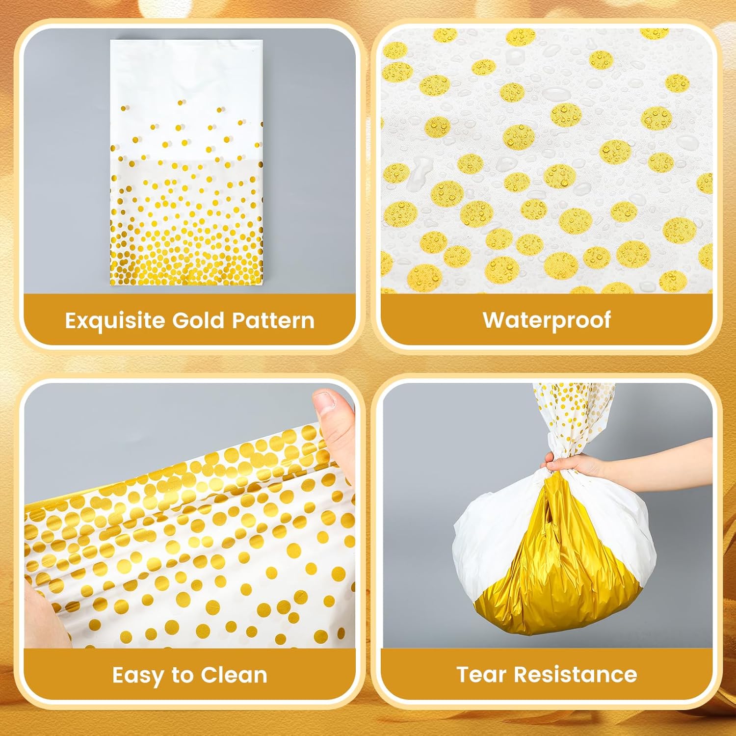 Jingmore 54 in x 100 ft Plastic Tablecloths Roll Disposable White and Gold Table Cover with Cutter Box Party Table Cloth for Wedding Birthday Party Decorations Supplies