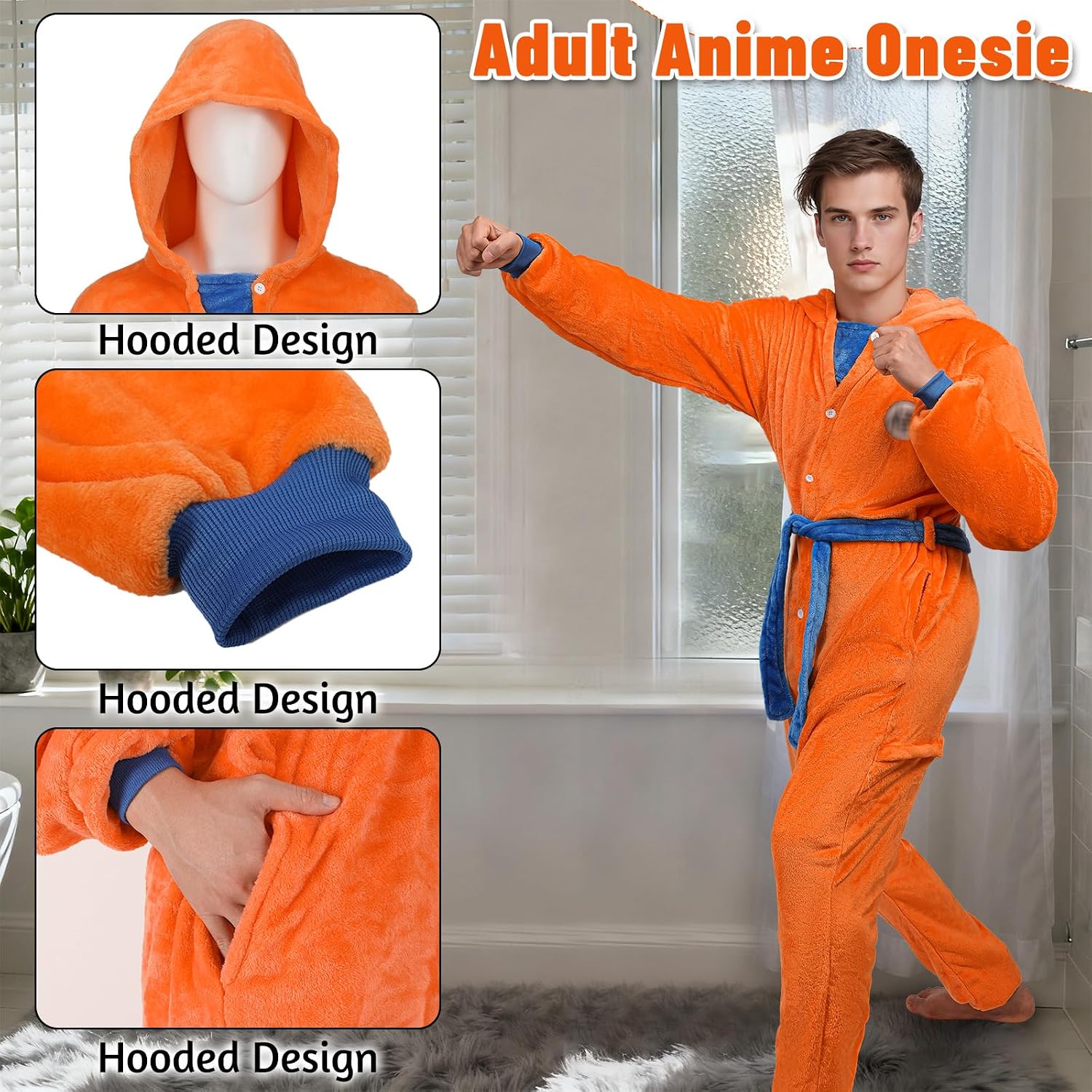 Anime Onesie for Adult Men Cosplay Costume Pajamas Flannel One Piece with Hood Belt Halloween Christmas Outfit