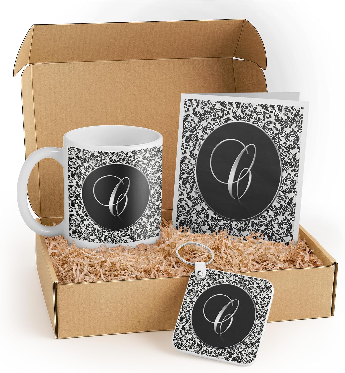 3dRose Monogrammed Black and White Gift Set with Mug, Keychain, and Card – Elegant Personalized Gifts for Office Exchange or Birthday