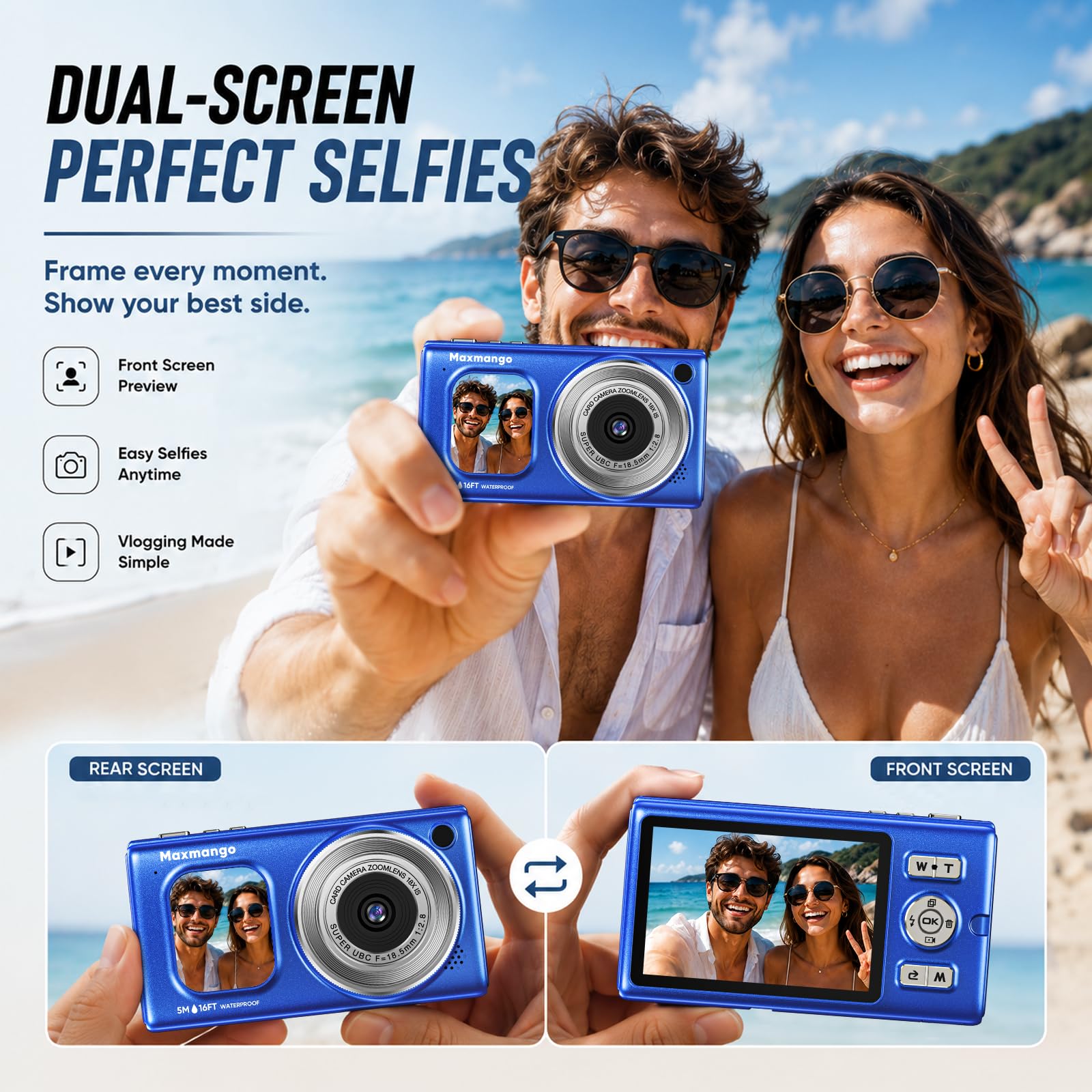 16FT Cámara Subacuática Impermeable 4K 48MP con Batería Extraíble 1500mAh | Maxmango D71 Cámara Digital con Doble Pantalla, Zoom 18X, Autofocus, Diseño Flotante para Snorkel, Surf y Natación, Azul(8GB)