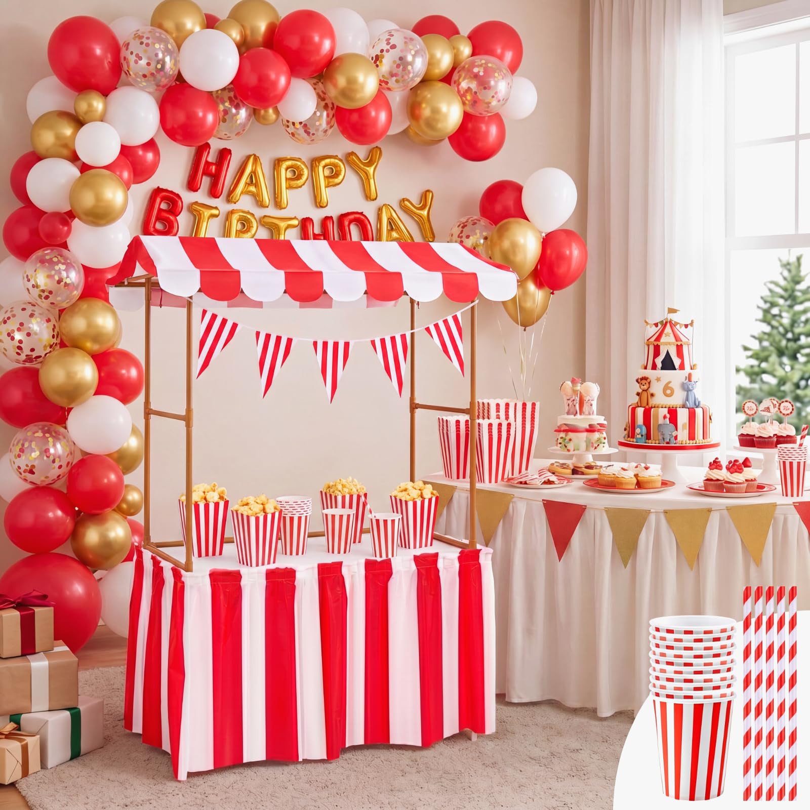 Meooeck 75 pezzi Carnevale Circo Concessione Stand Decor Kit Rosso Bianco Righe Gonna Da Tavolo e Gagliardetto con Rosso Bianco Strisce Popcorn Scatole E Cannucce per Carnevale Party Supplies